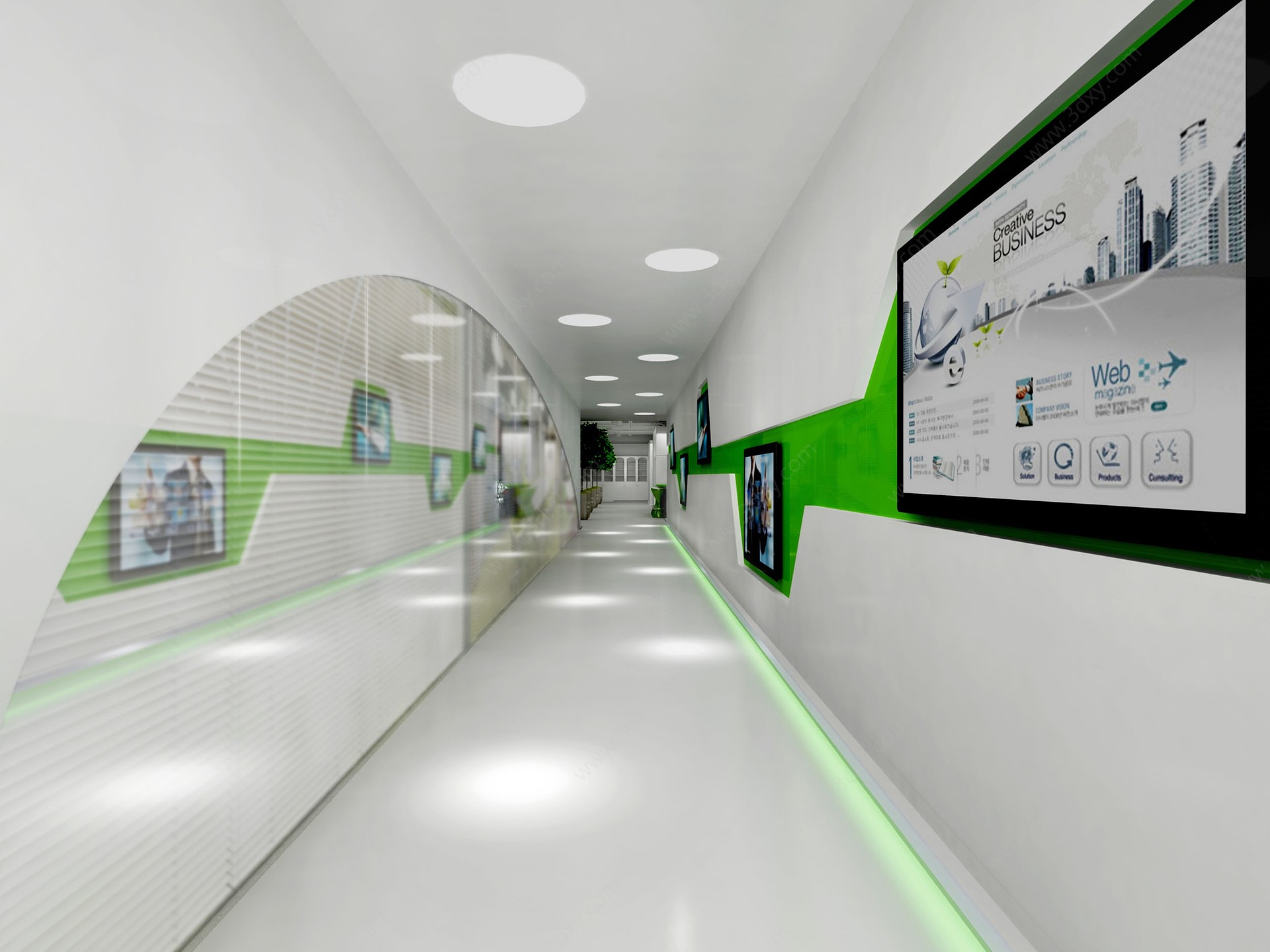 现代走廊广告语绿植圆形灯3D模型