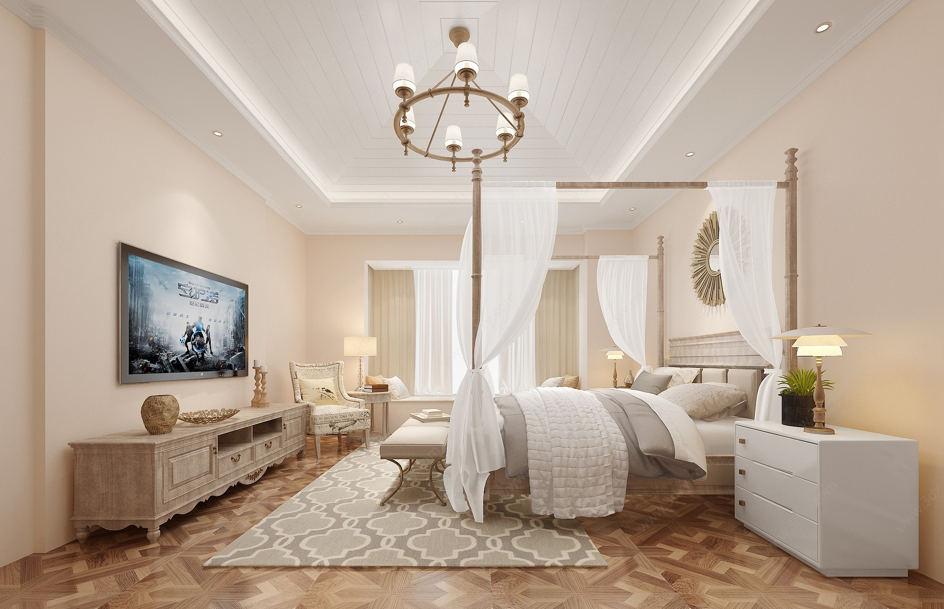 美式别墅主卧床具3D模型