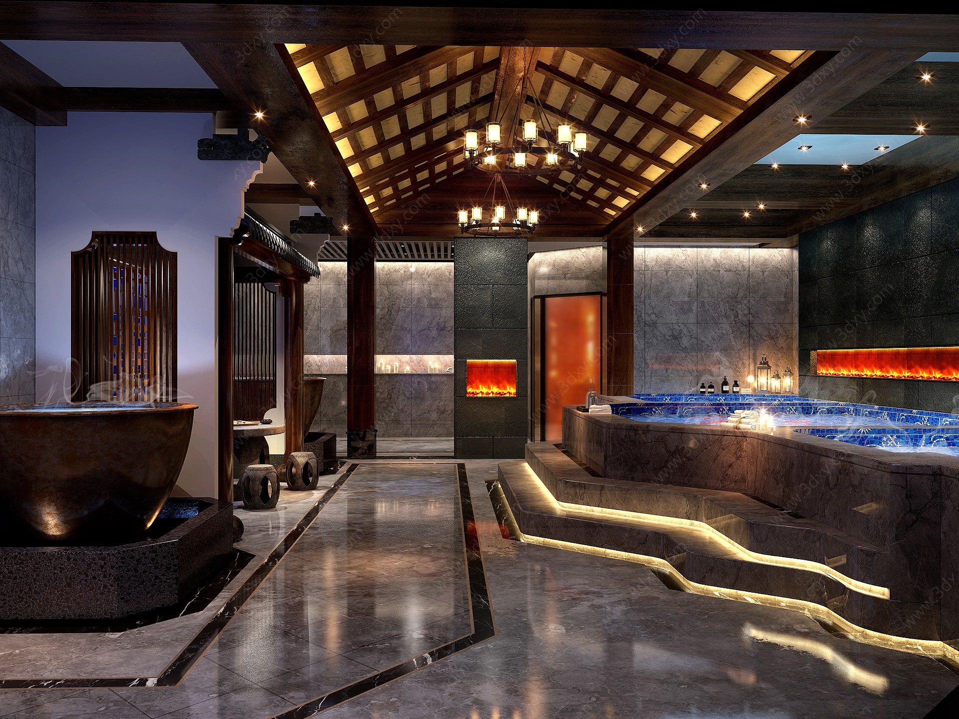 新中式温泉酒店洗浴区3D模型