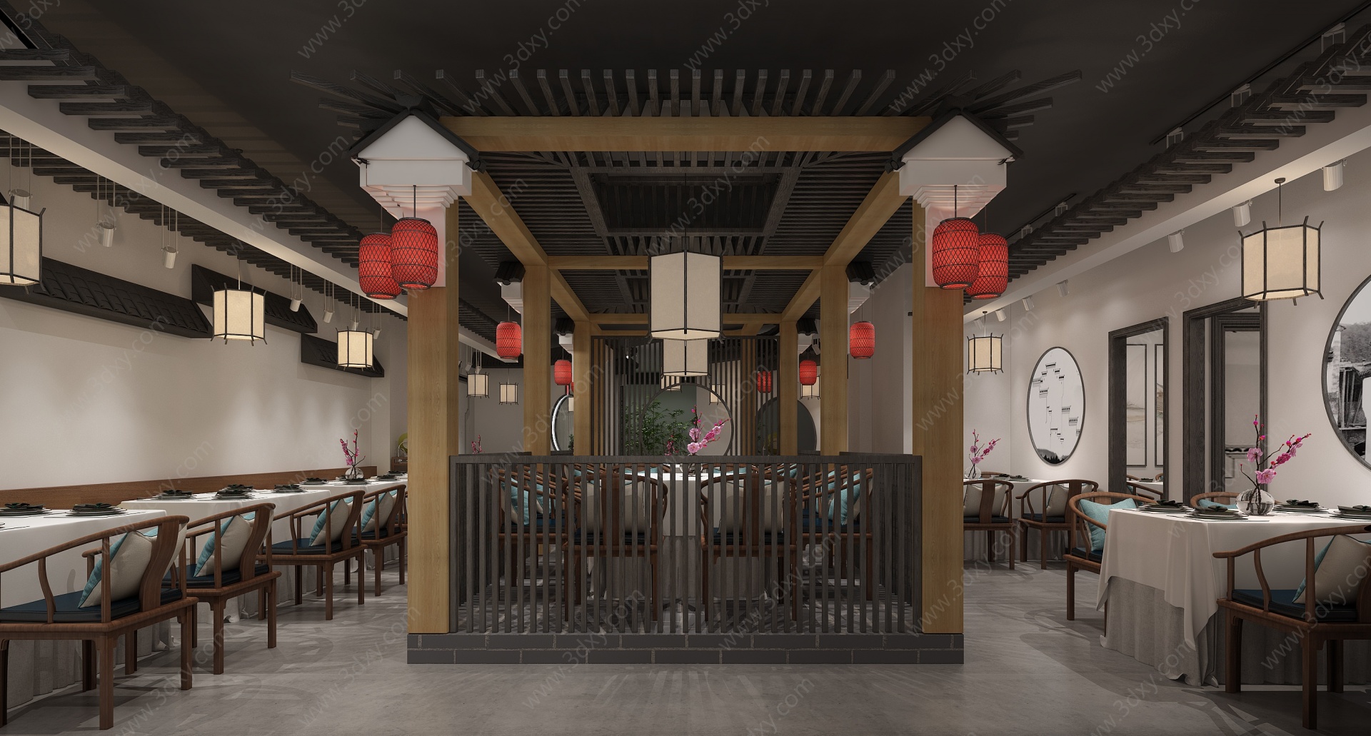 新中式徽派酒楼用餐区3D模型