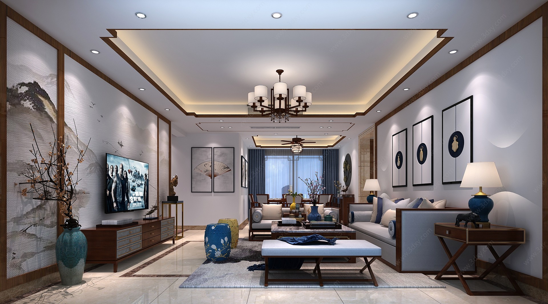 新中式客厅吊扇灯3D模型
