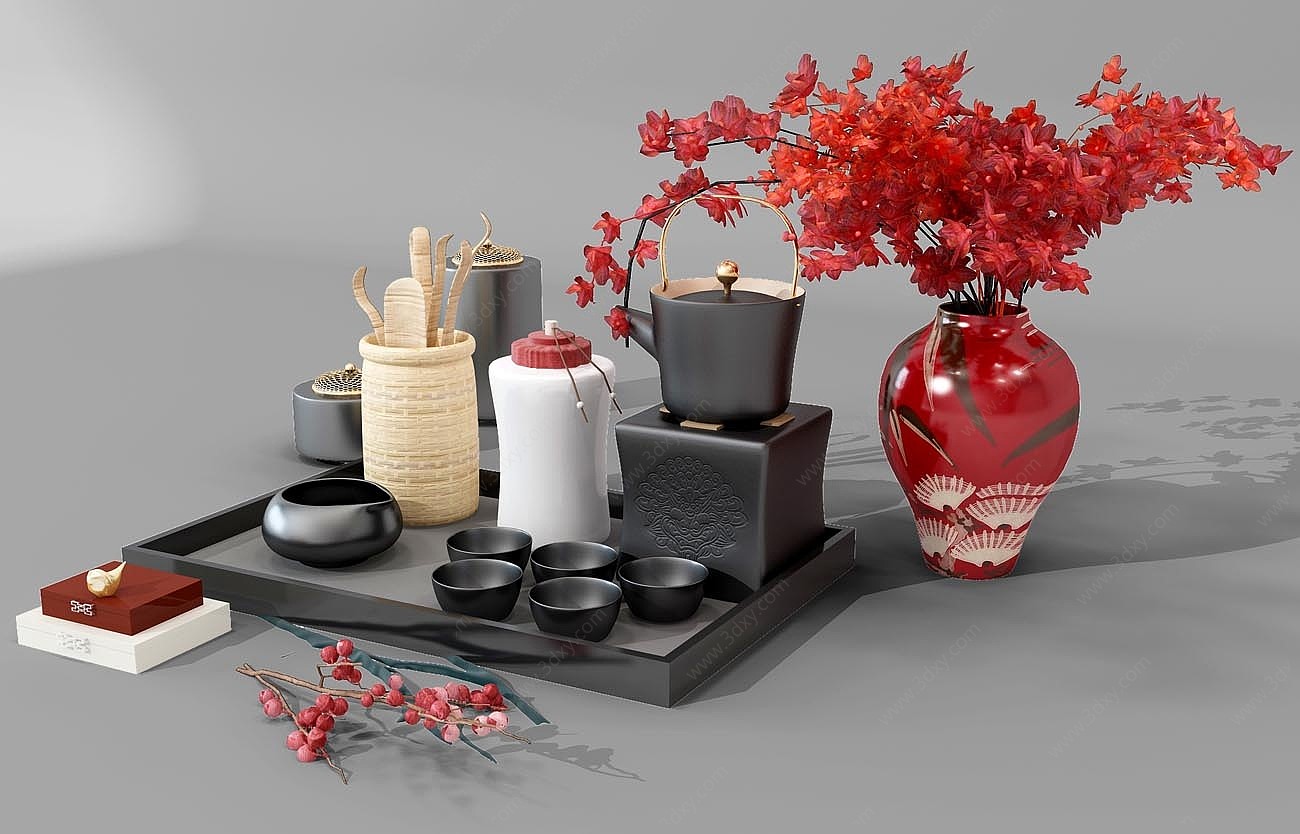 新中式茶具摆件花瓶3D模型