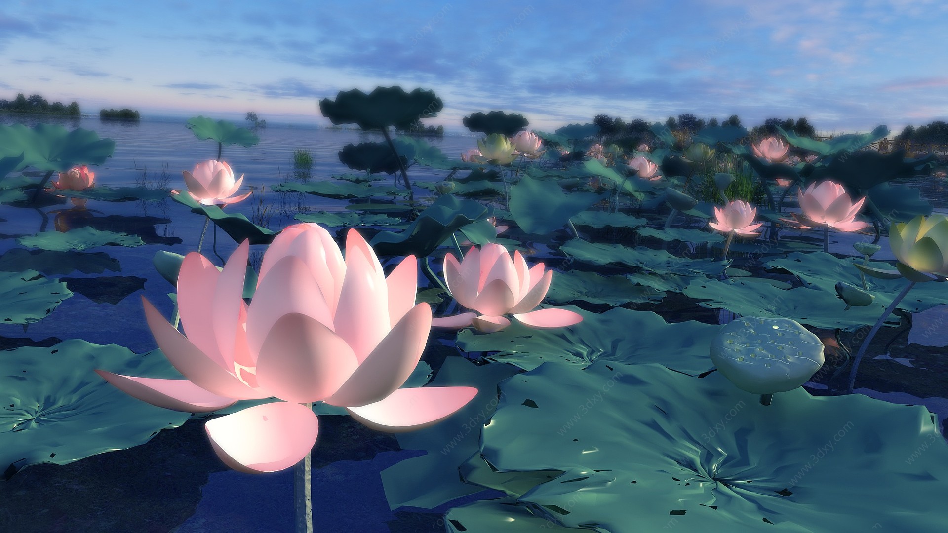 中式荷花植物湿地荷塘水塘3D模型
