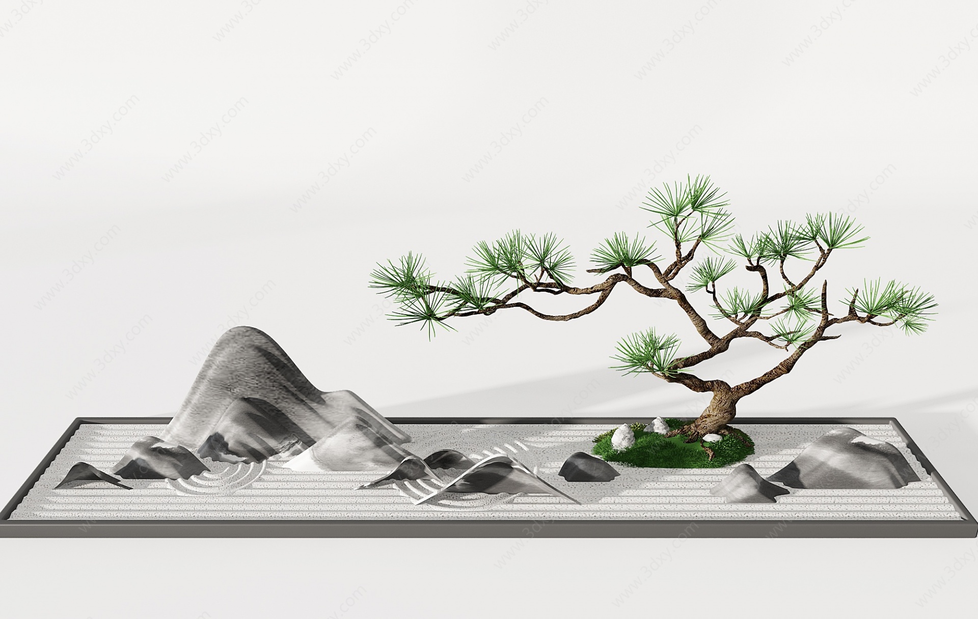 日式假山松树枯山水3D模型
