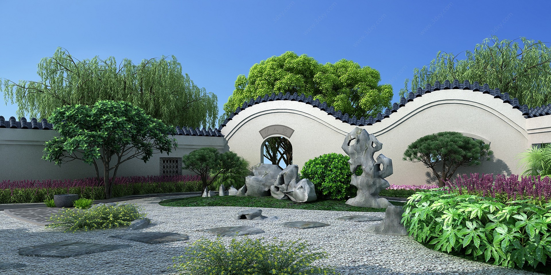 中式园林景观枯山水植物3D模型