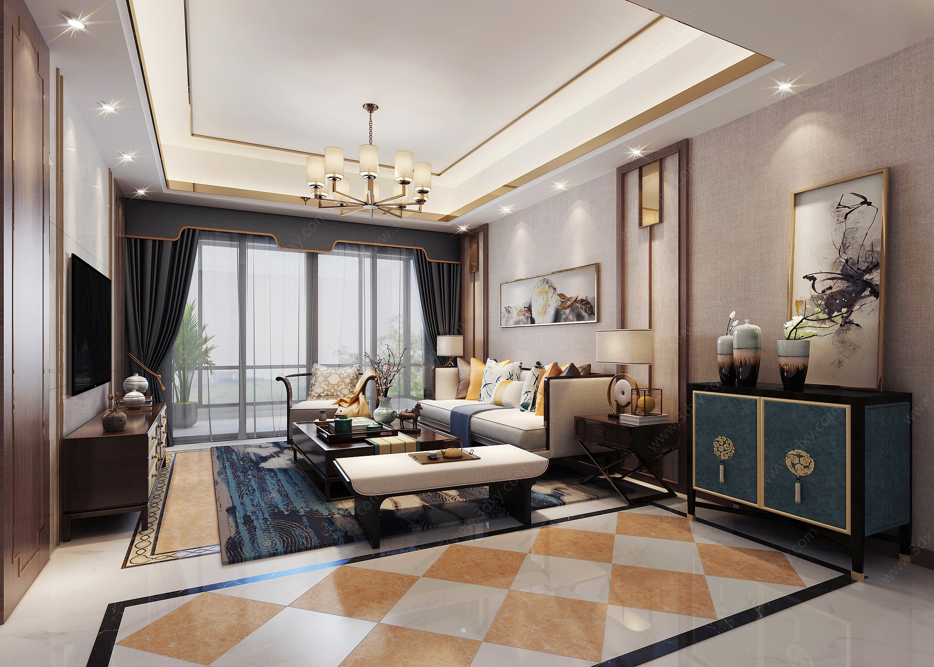 新中式碧桂园客厅3D模型