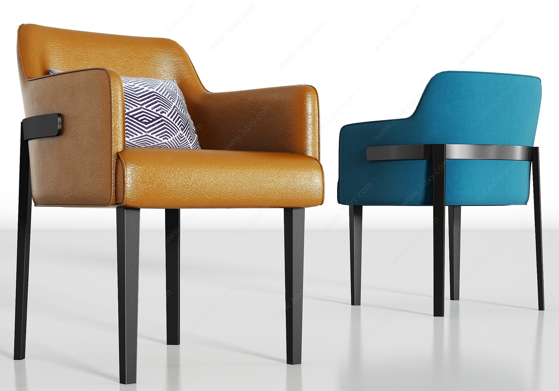 新中式皮革绒布单椅组合3D模型