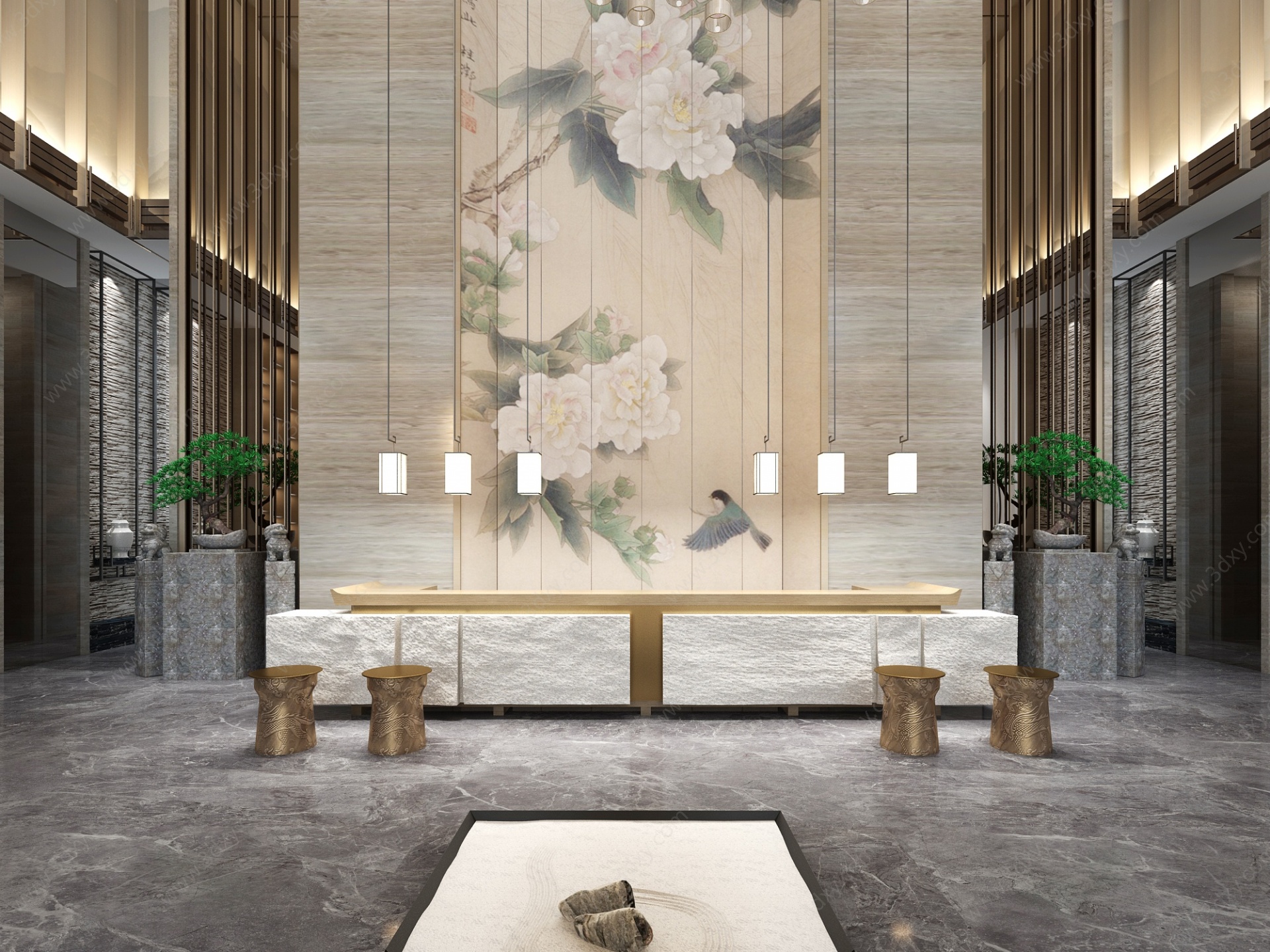 新中式酒店会所大厅3D模型