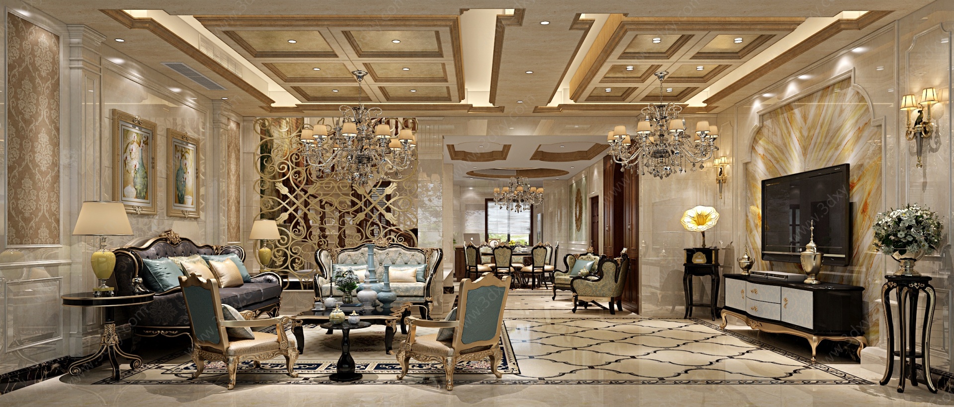 新古典客餐厅沙发茶几组合3D模型