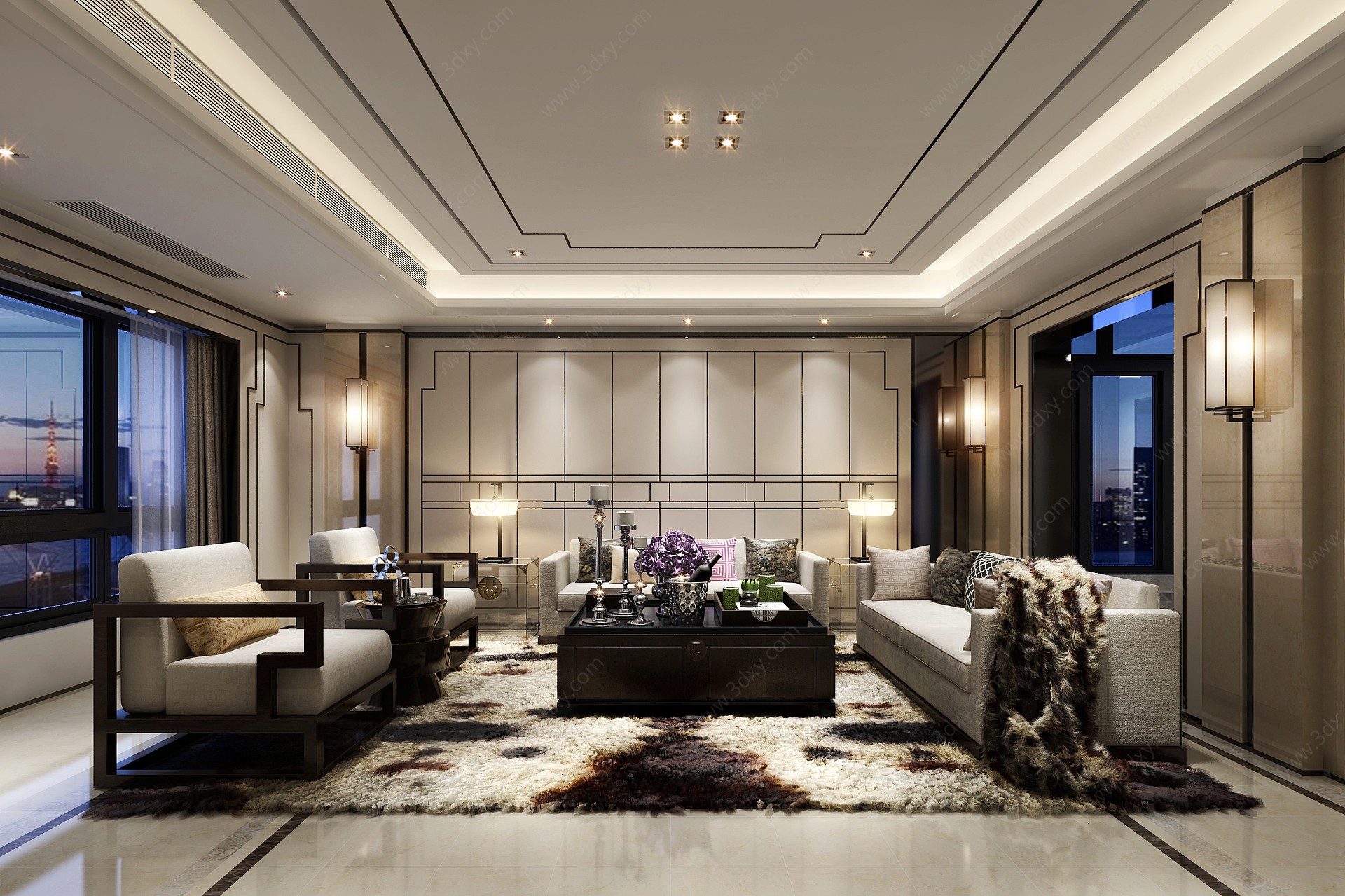新中式客厅电视柜沙发组合3D模型