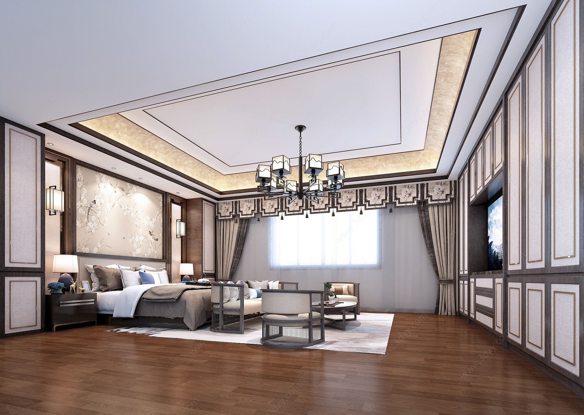 新中式主卧室吊灯窗帘3D模型