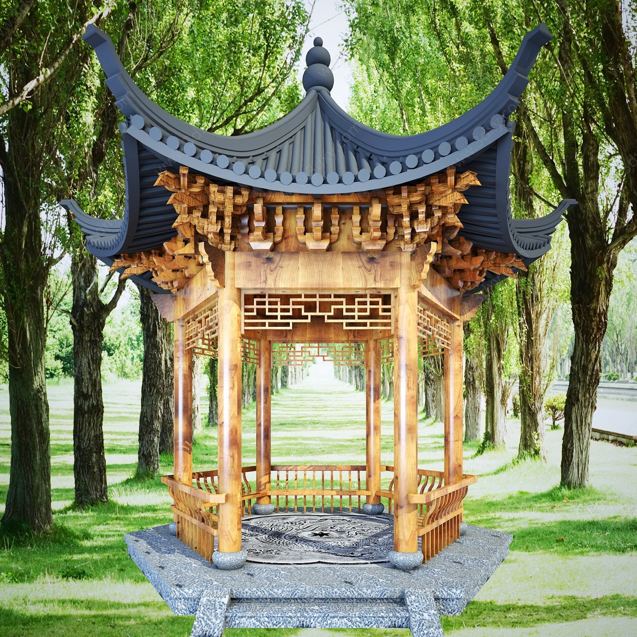 中式公园亭子八角亭3D模型