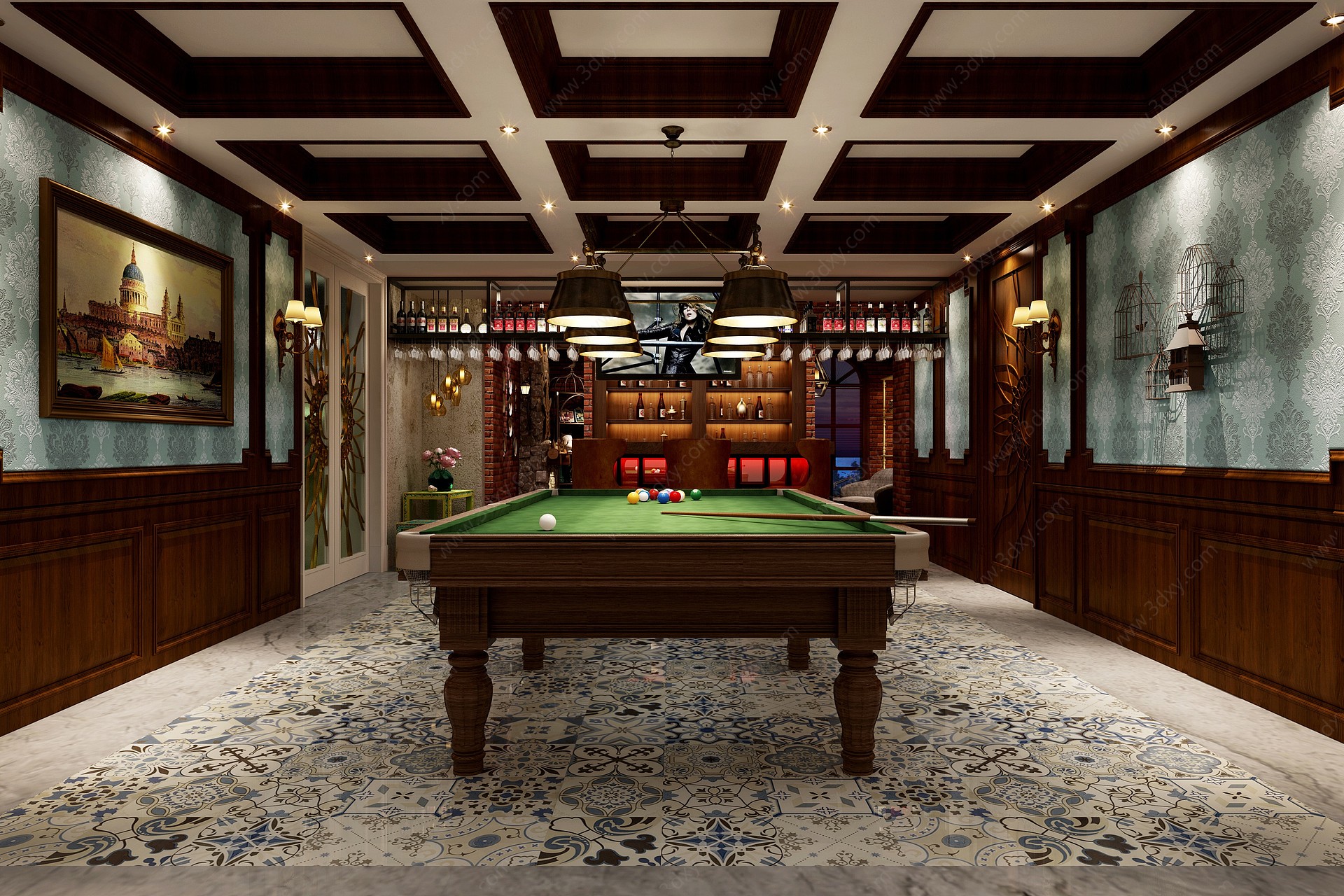 工业风桌球酒吧娱乐室3D模型