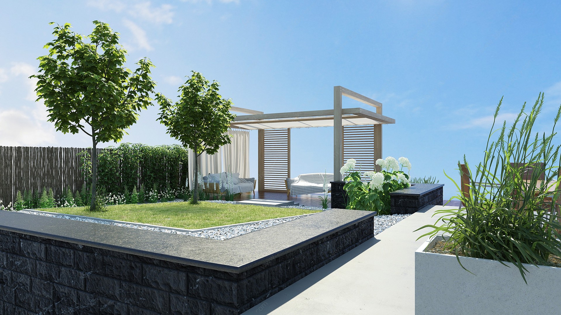 现代中庭庭院花园亭子草坪3D模型