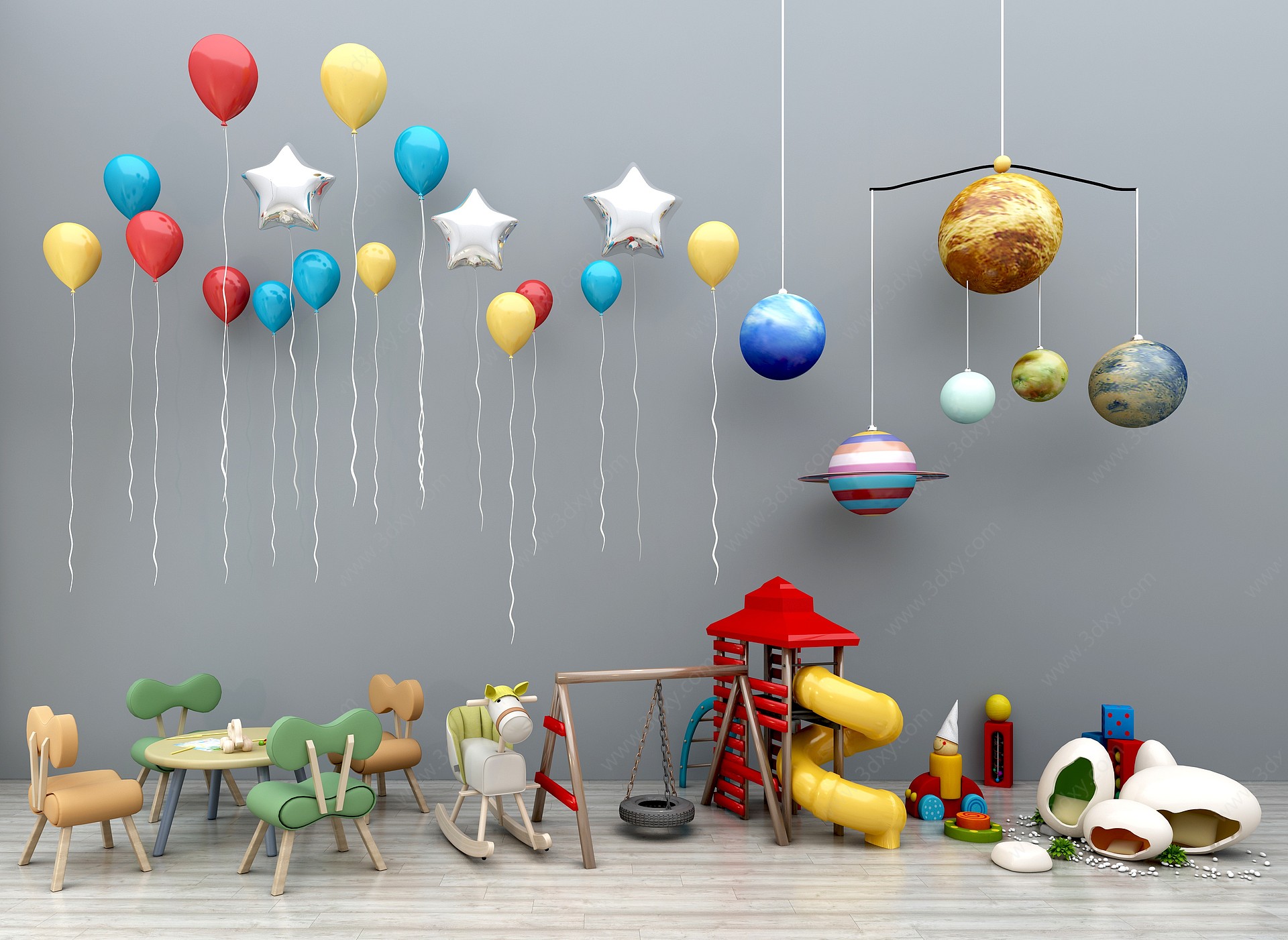 卡通儿童桌椅气球玩具3D模型
