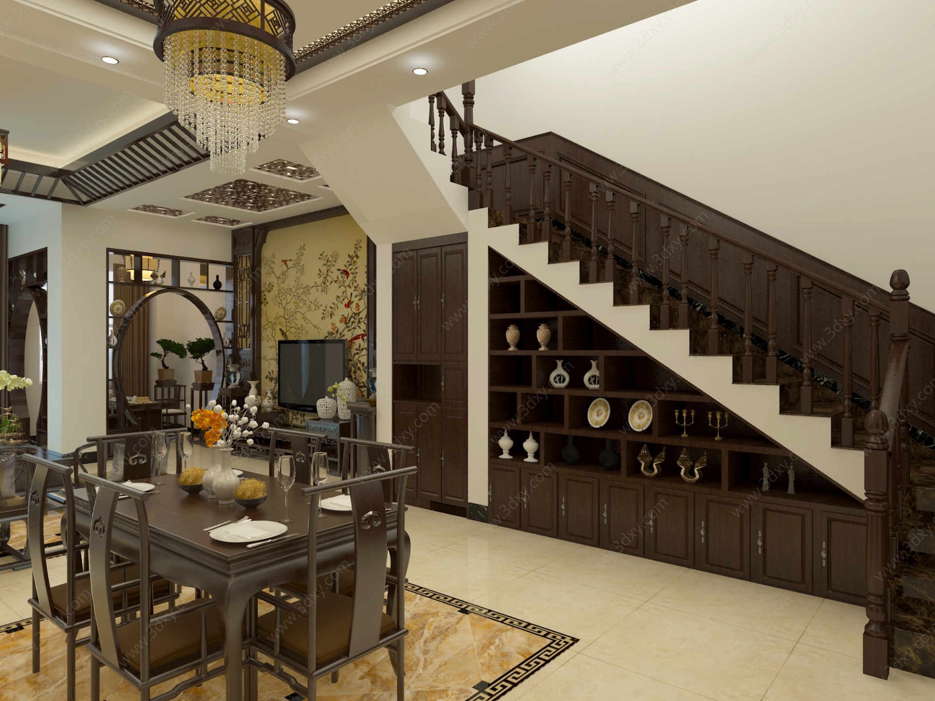 新中式别墅客餐厅厨房3D模型
