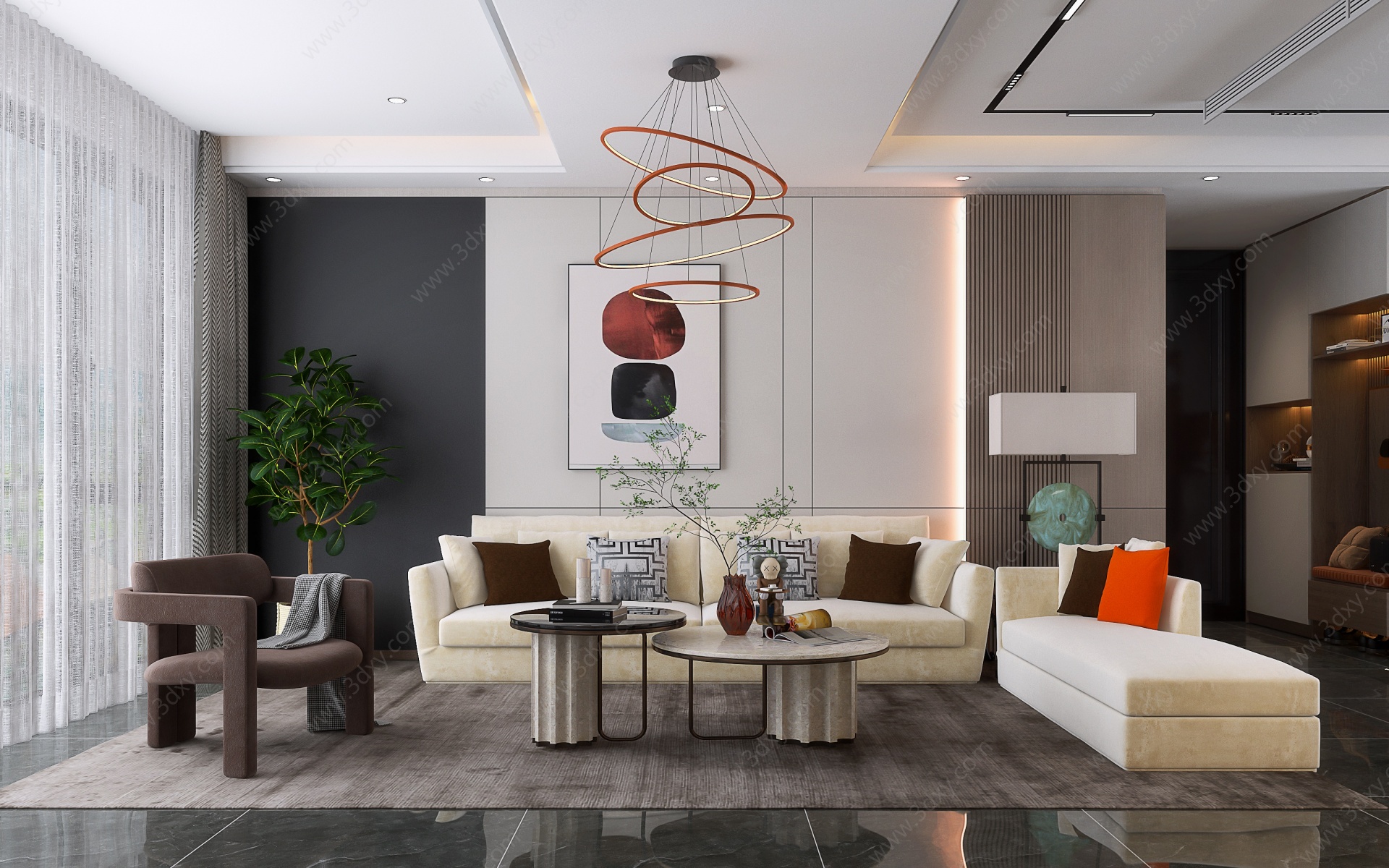 现代客厅沙发地毯盆栽3D模型