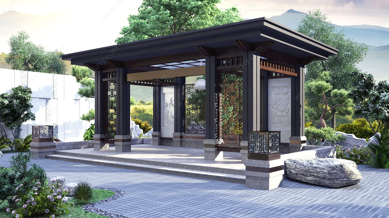 中式凉亭庭院绿植景观3D模型