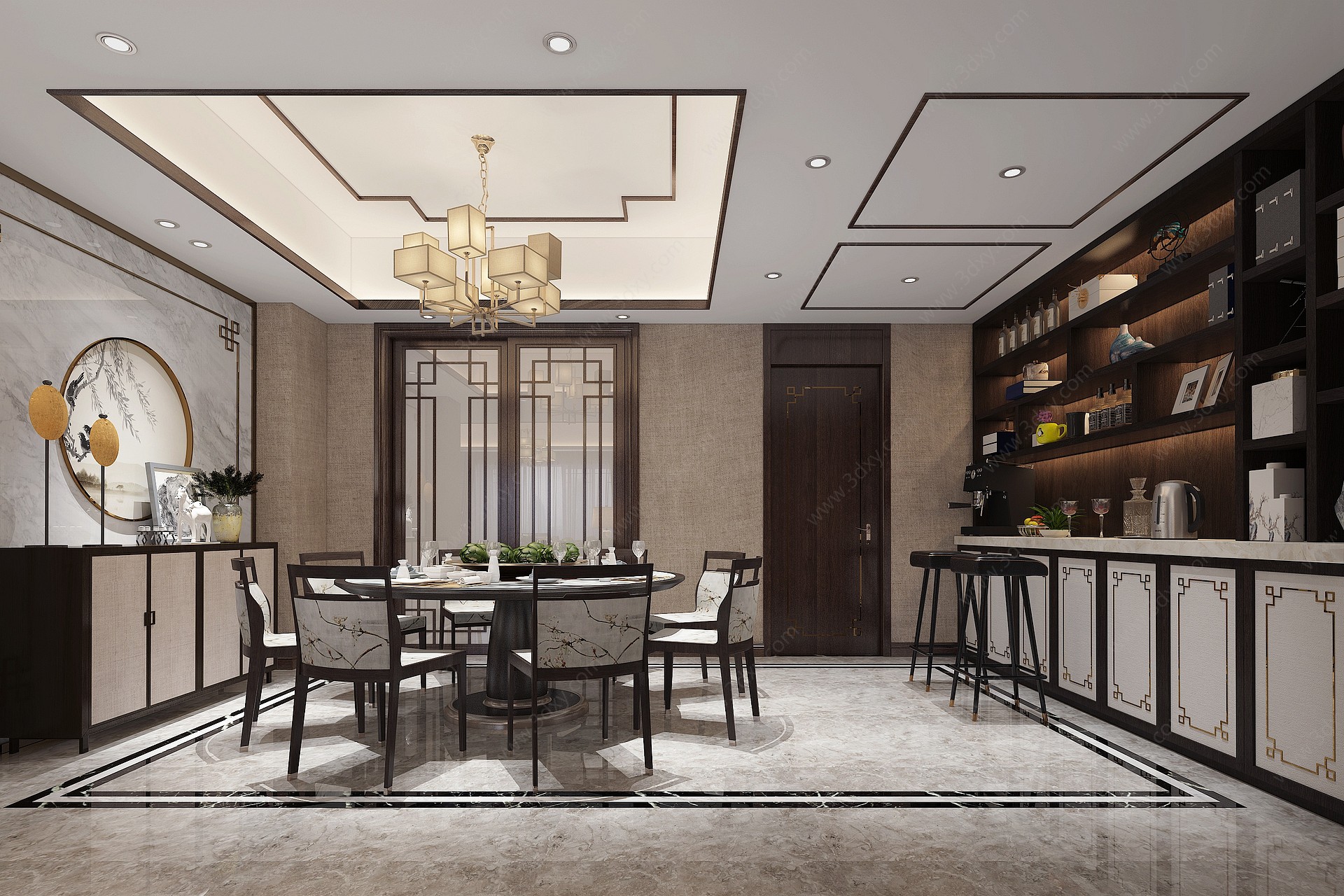 新中式现代客厅餐厅组合3D模型
