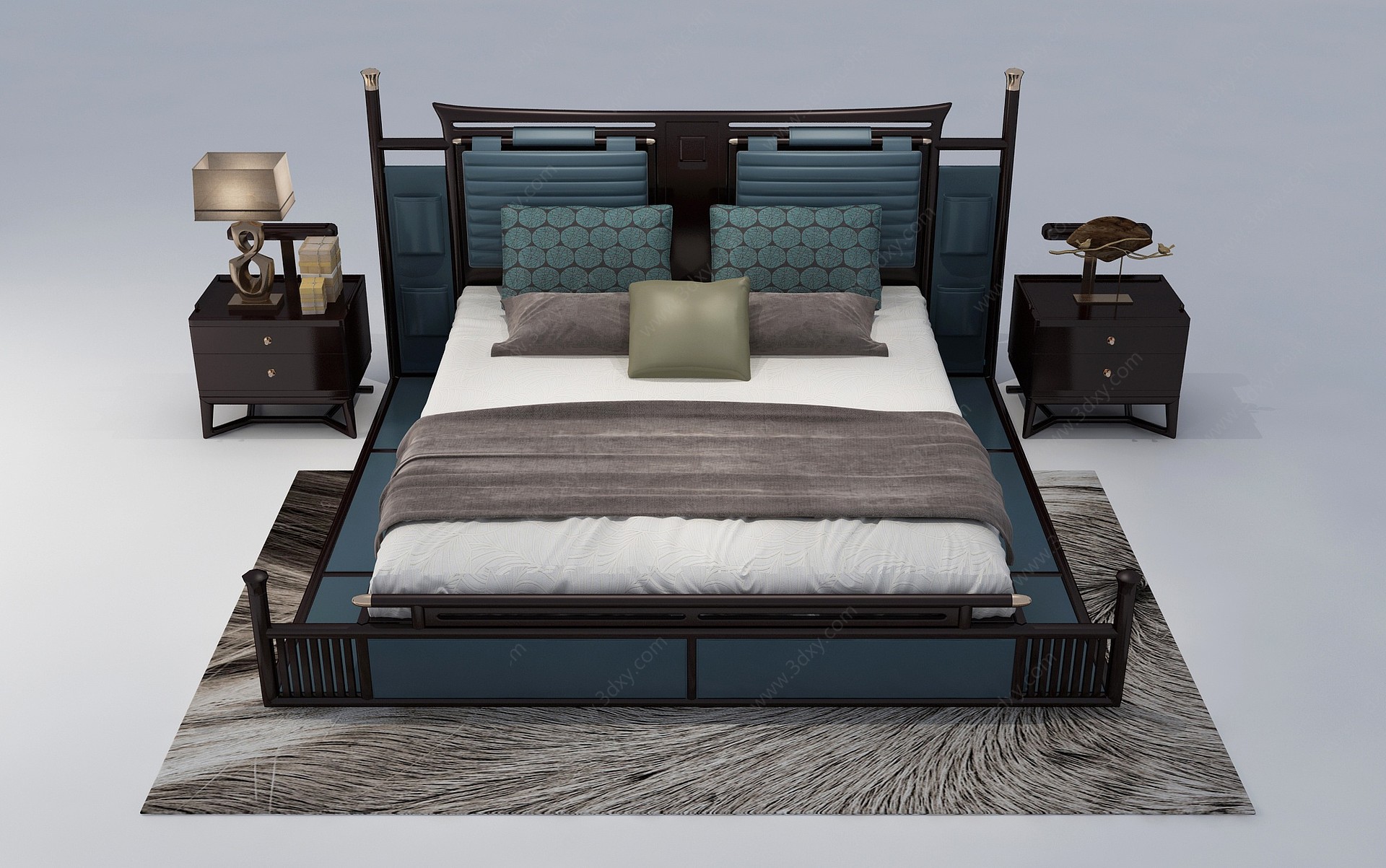 新中式别墅户型双人床3D模型