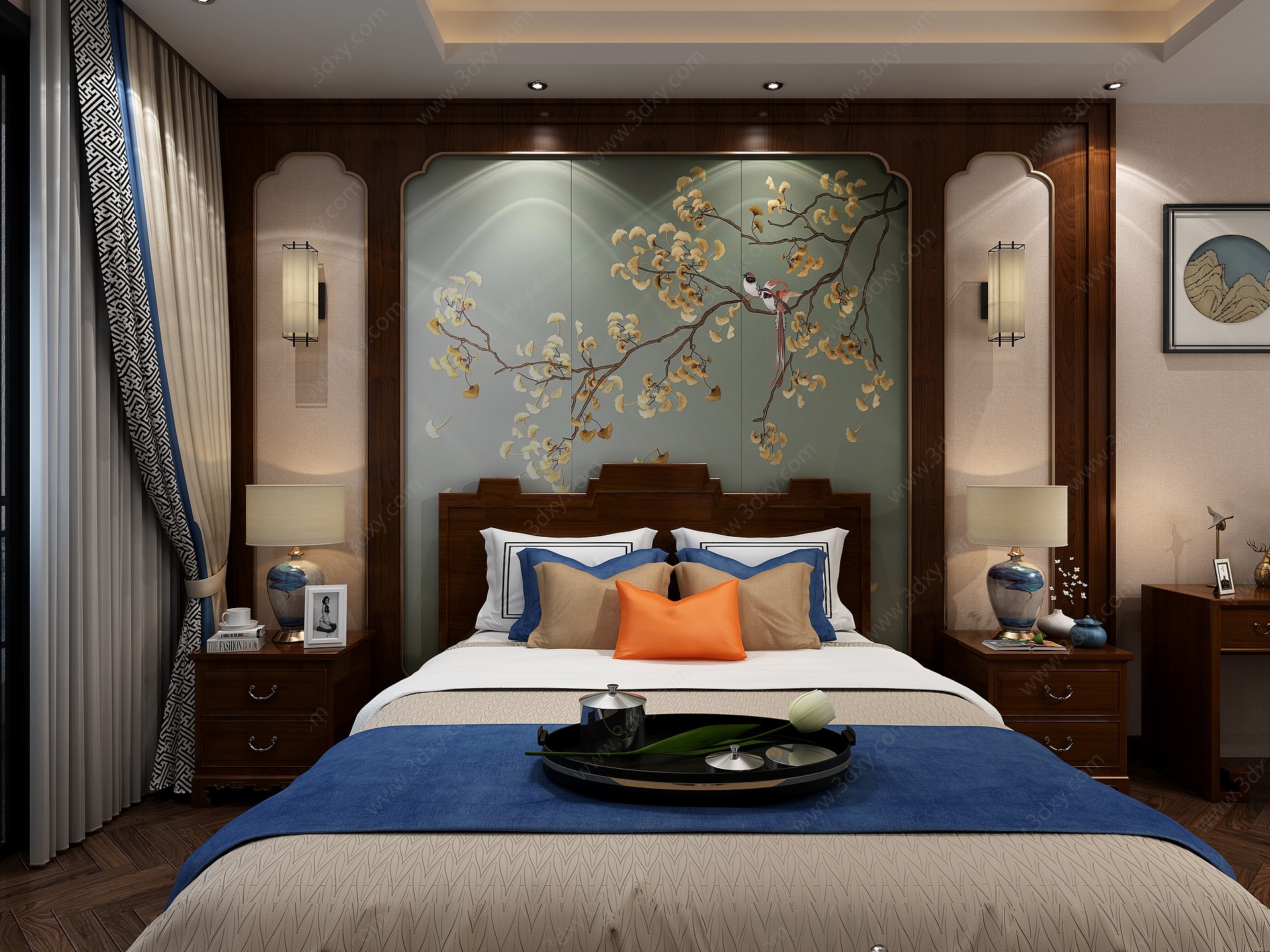 中式卧室床头背景书桌窗帘3D模型