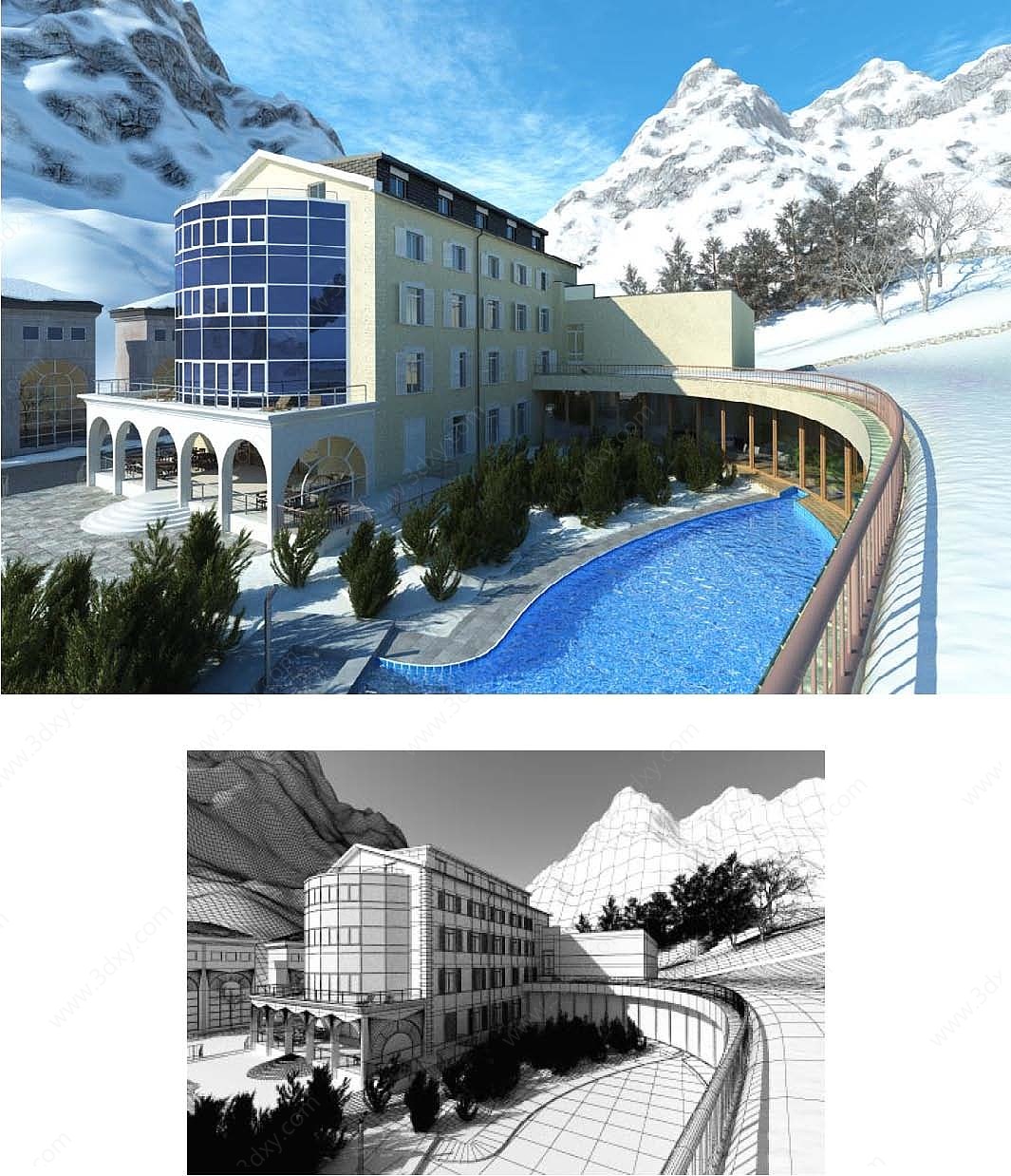 别墅雪山建筑泳池3D模型