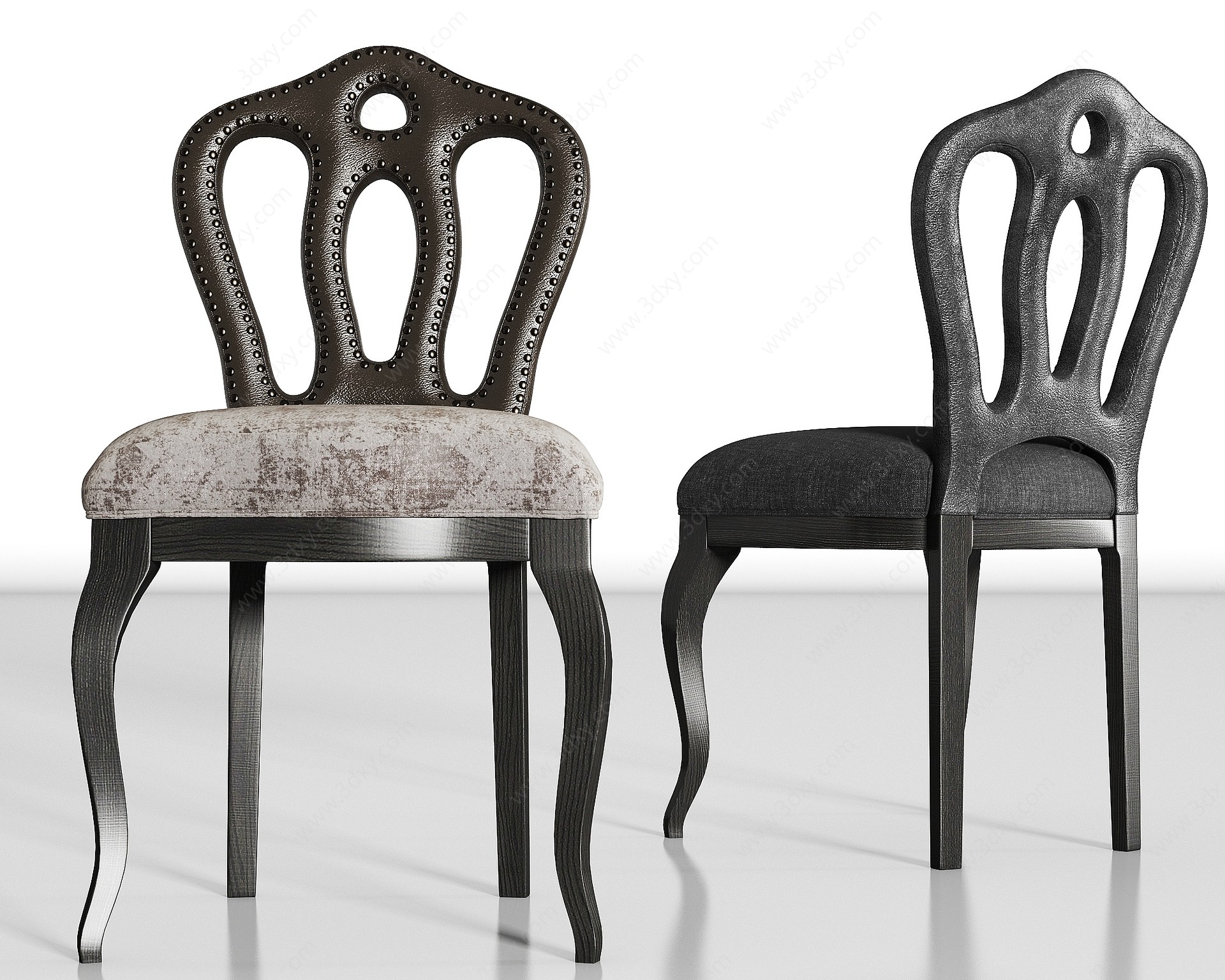 简欧实木皮革绒布单椅组合3D模型