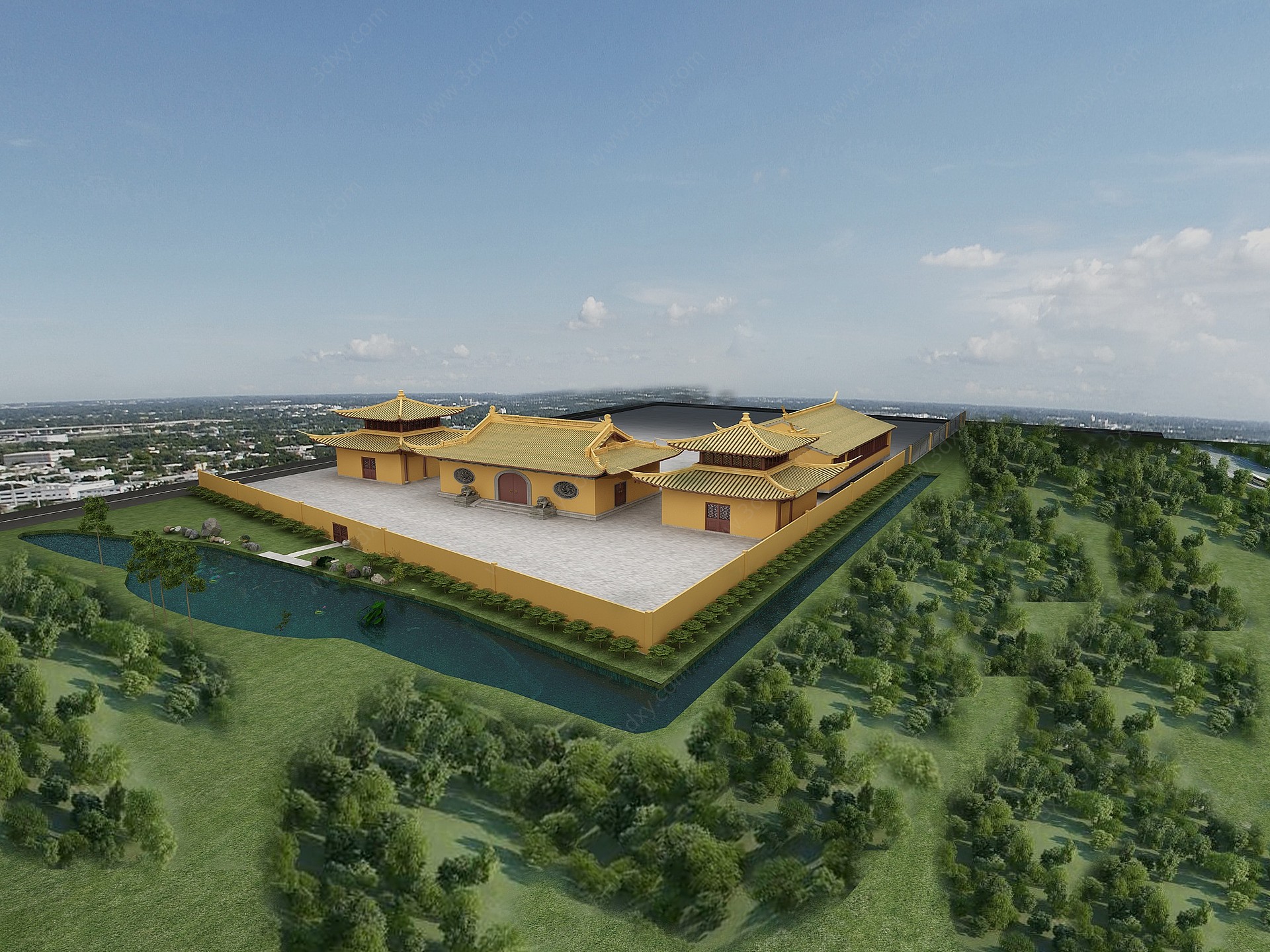 现代寺庙建筑外景3D模型