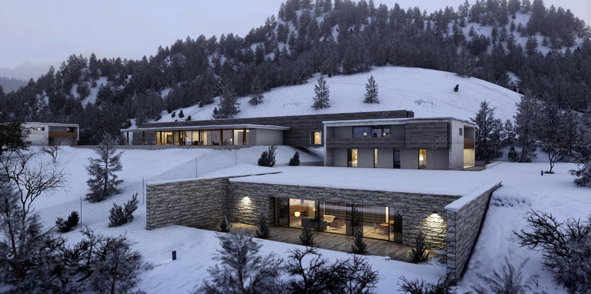 雪景雪山冬天别墅建筑庭院3D模型