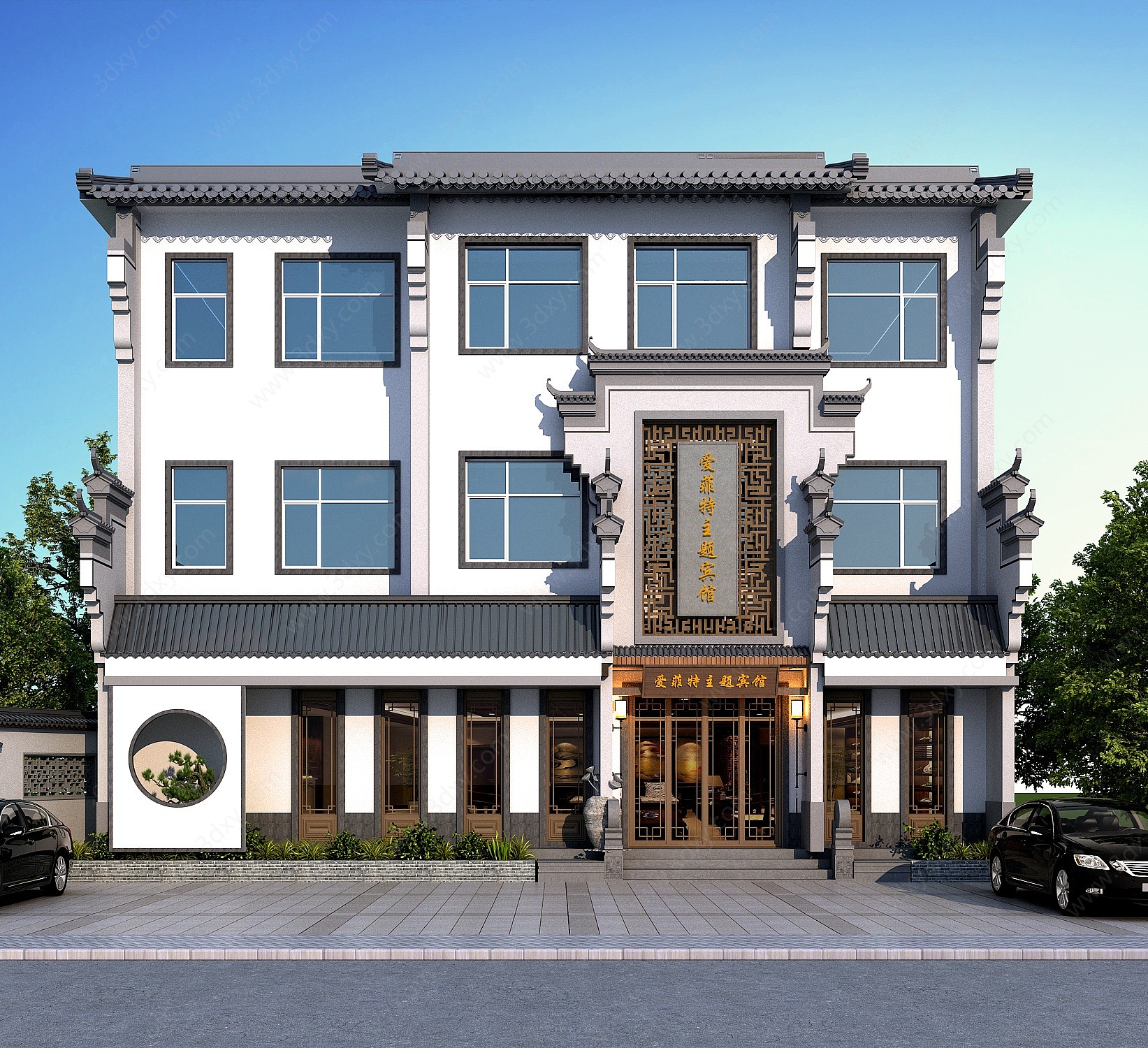 新中式江南风格宾馆外观3D模型