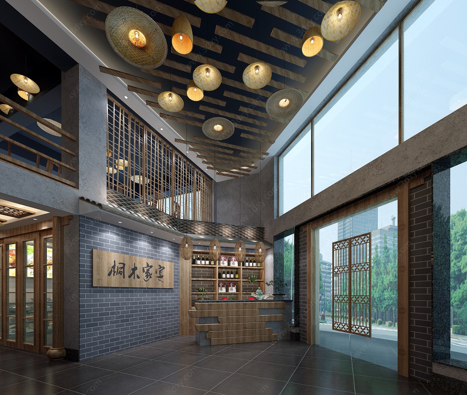 新中式前台大厅餐厅3D模型