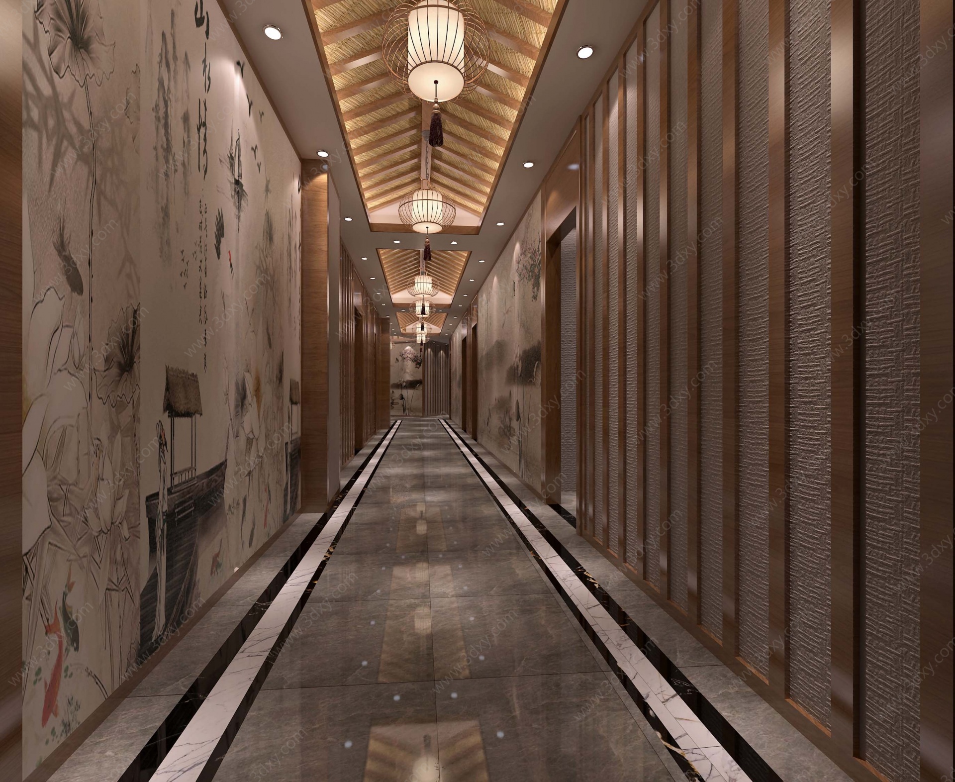 新中式酒店过道3D模型