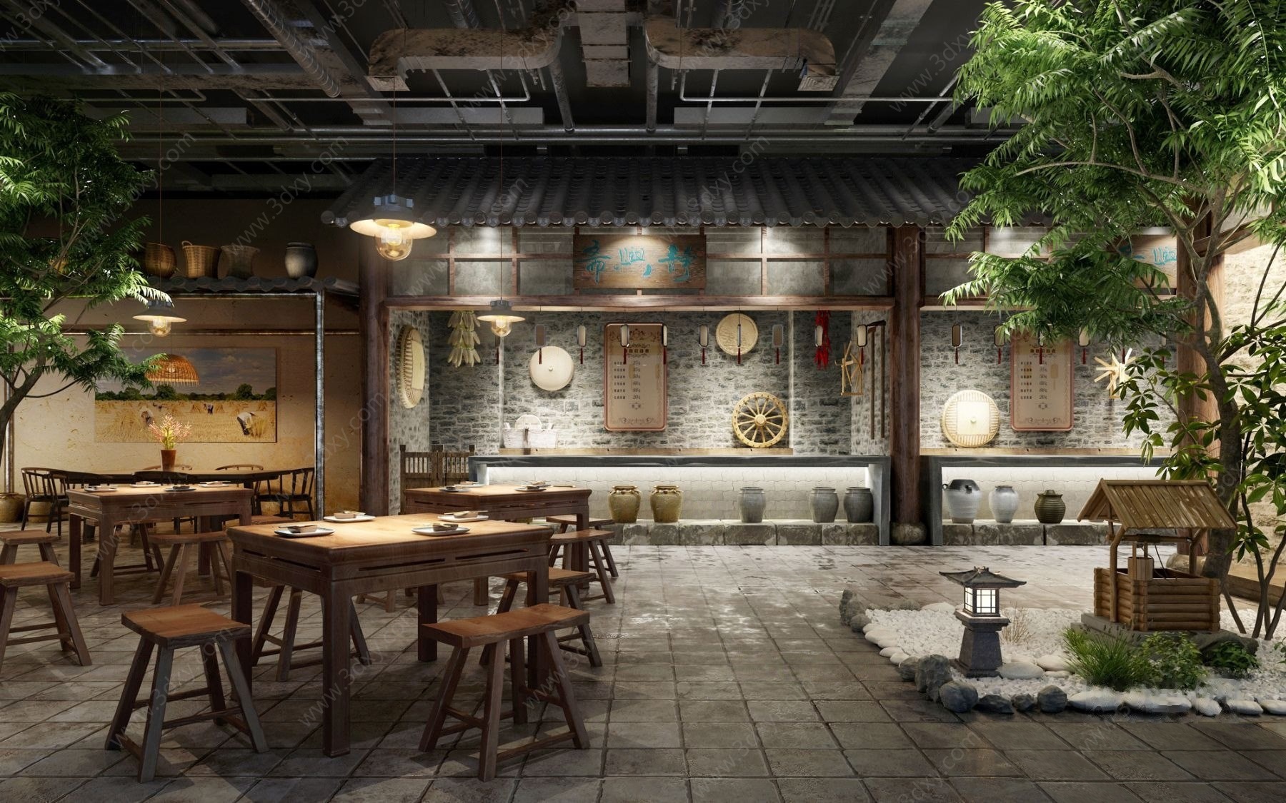 自然风民俗民宿新中式餐厅3D模型