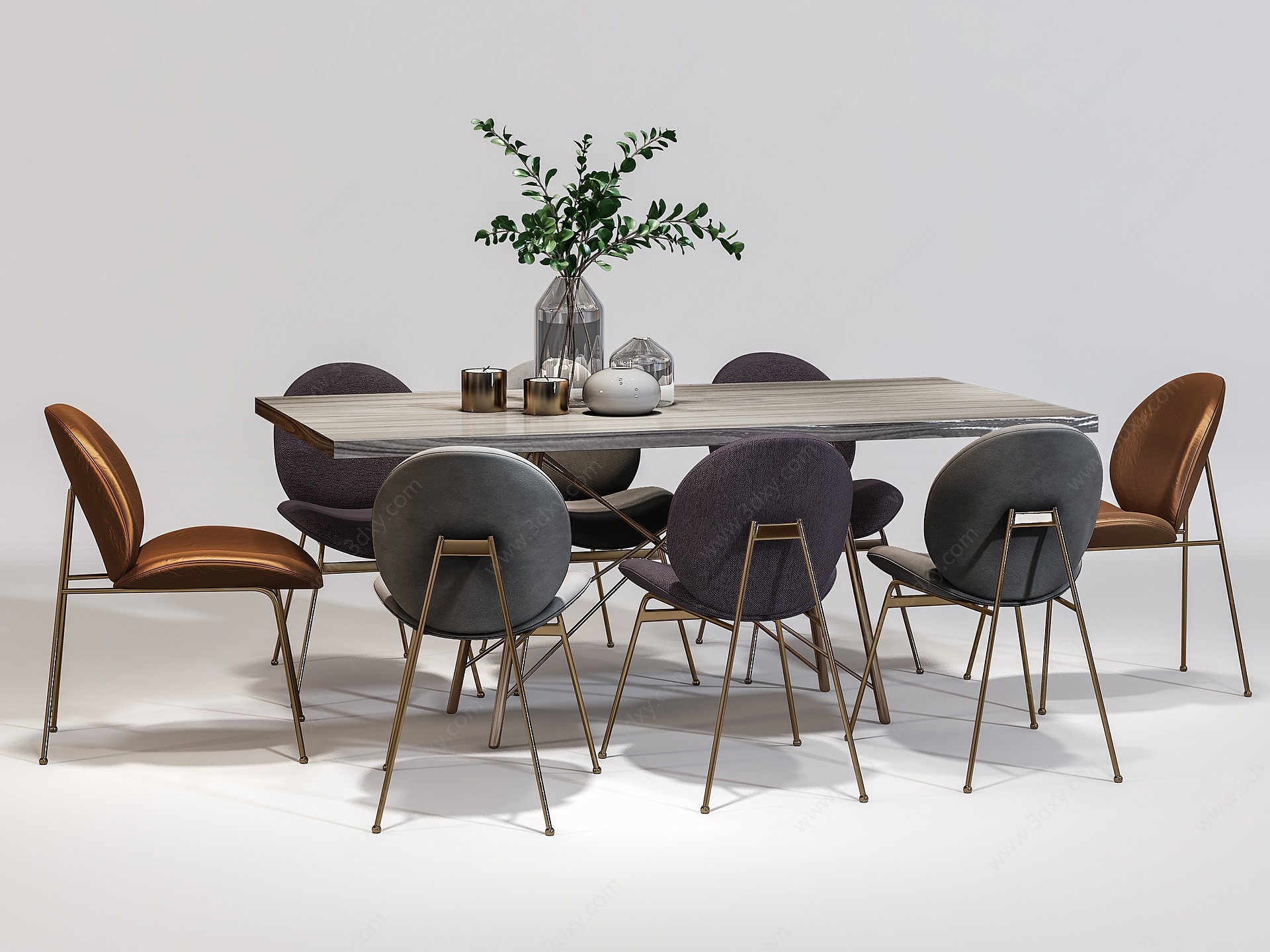 现代餐桌椅植物组合3D模型
