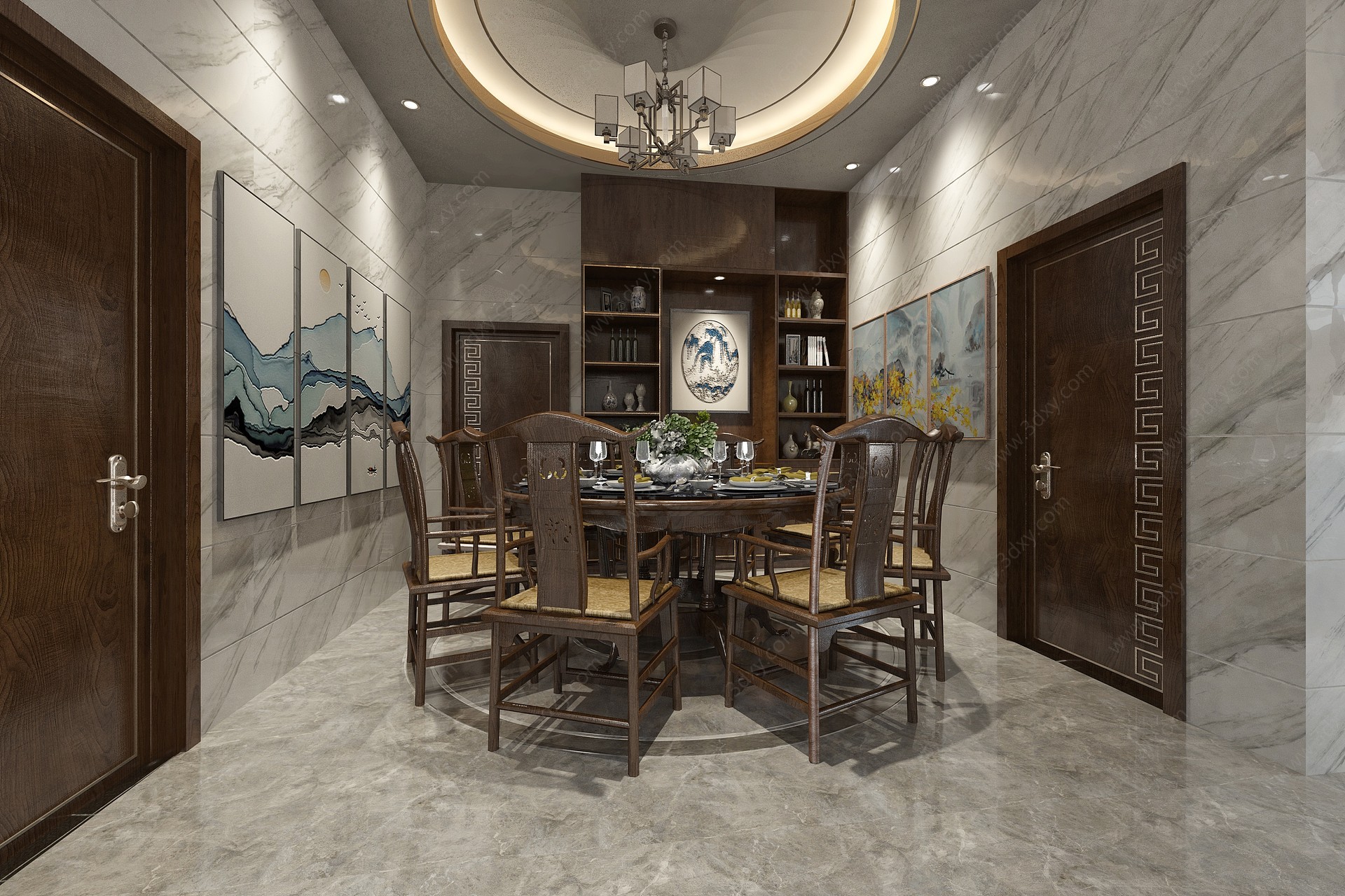 新中式客厅餐厅茶室玄关3D模型