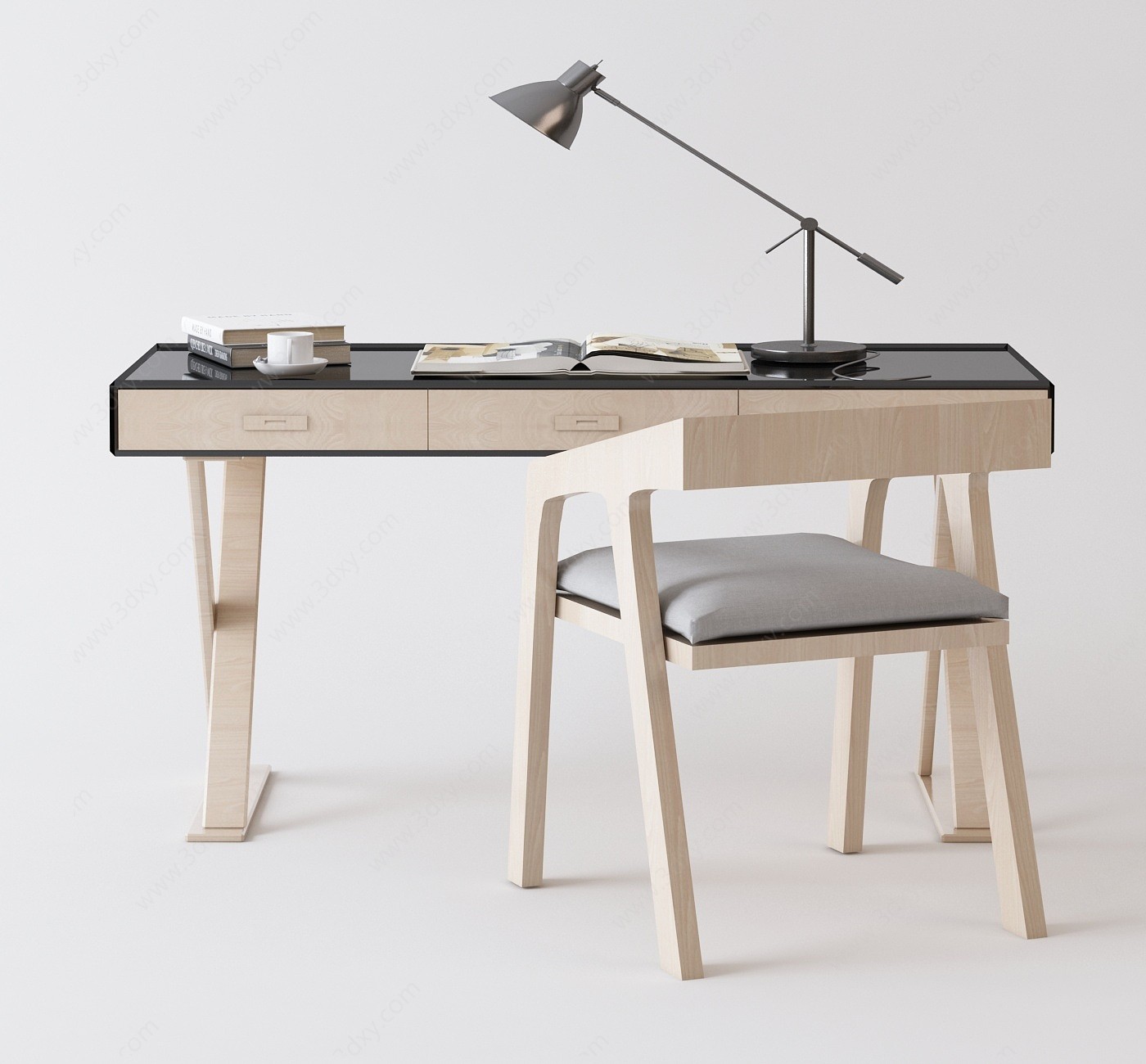 北欧书桌椅台灯实木书桌椅3D模型