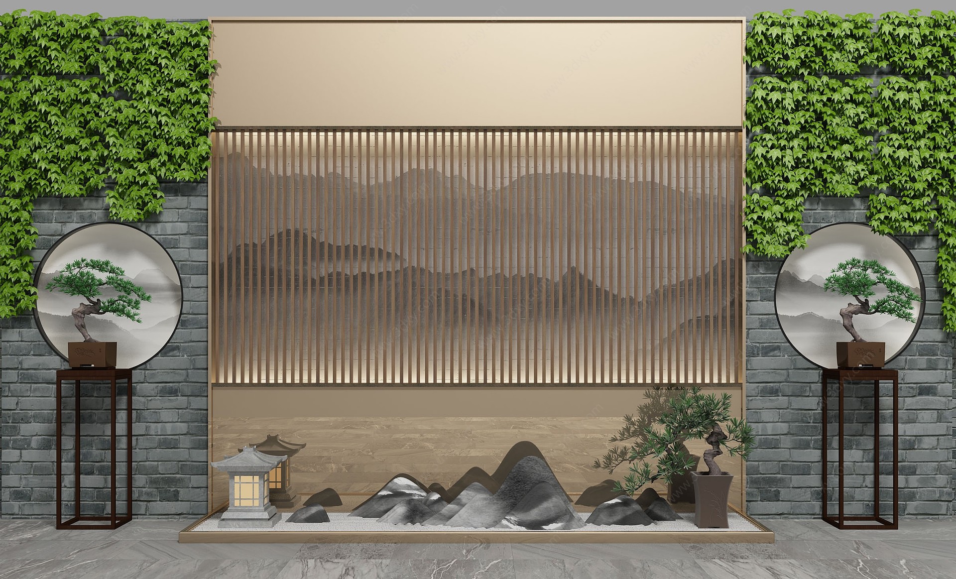新中式园艺小品背景墙3D模型