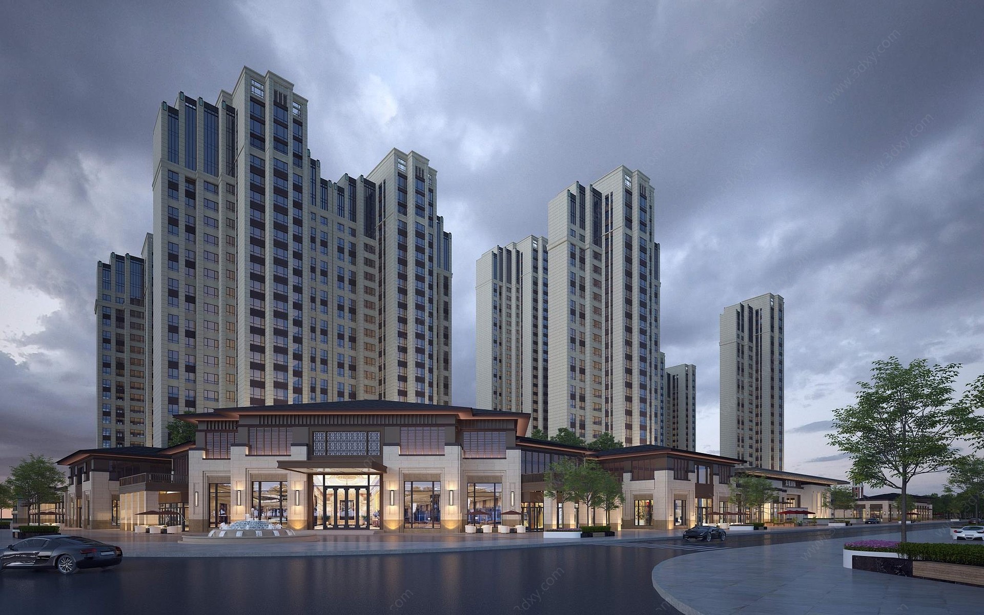 新中式商业街高层住宅小区3D模型
