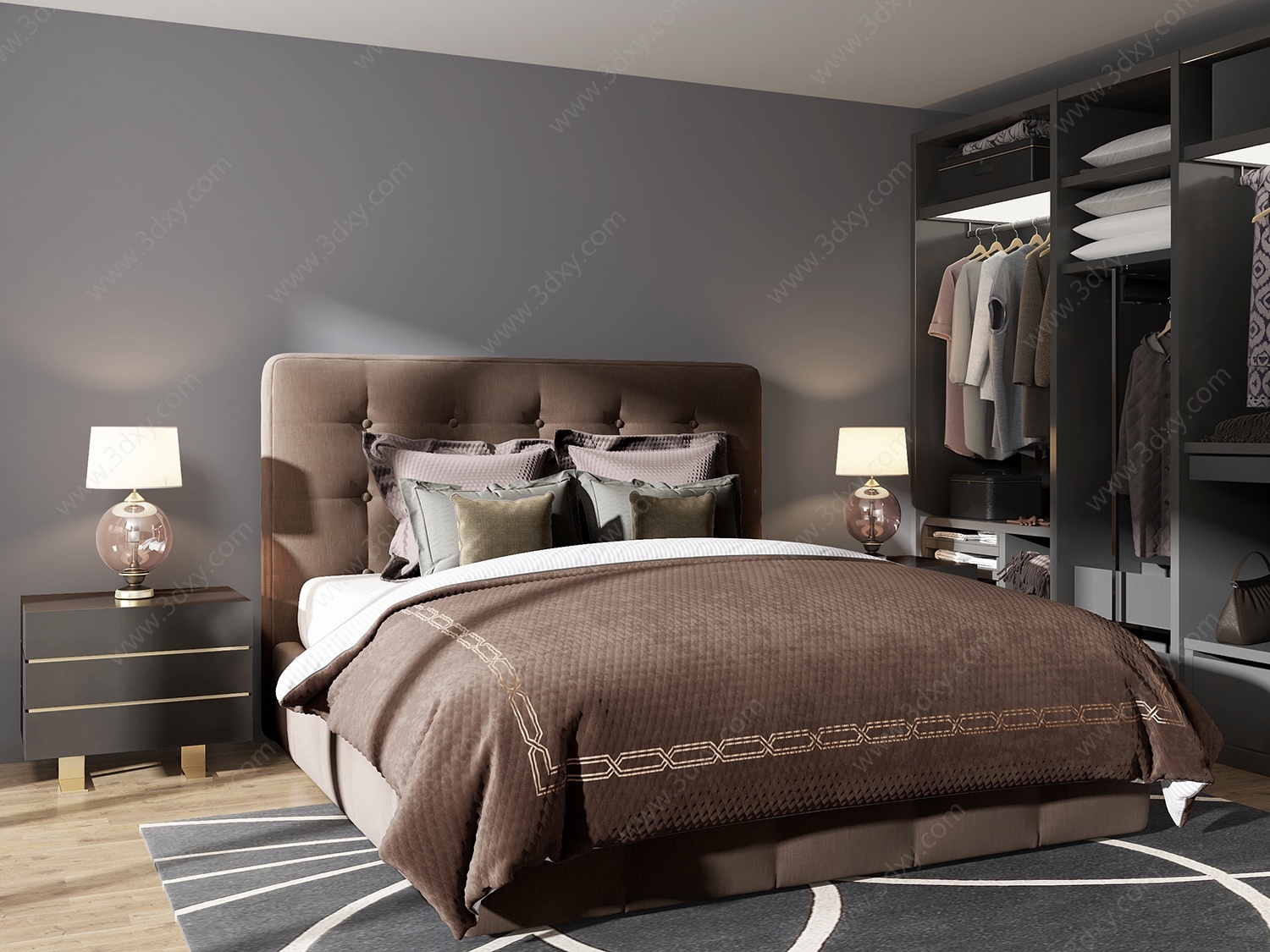 现代双人床衣柜床头柜台灯3D模型