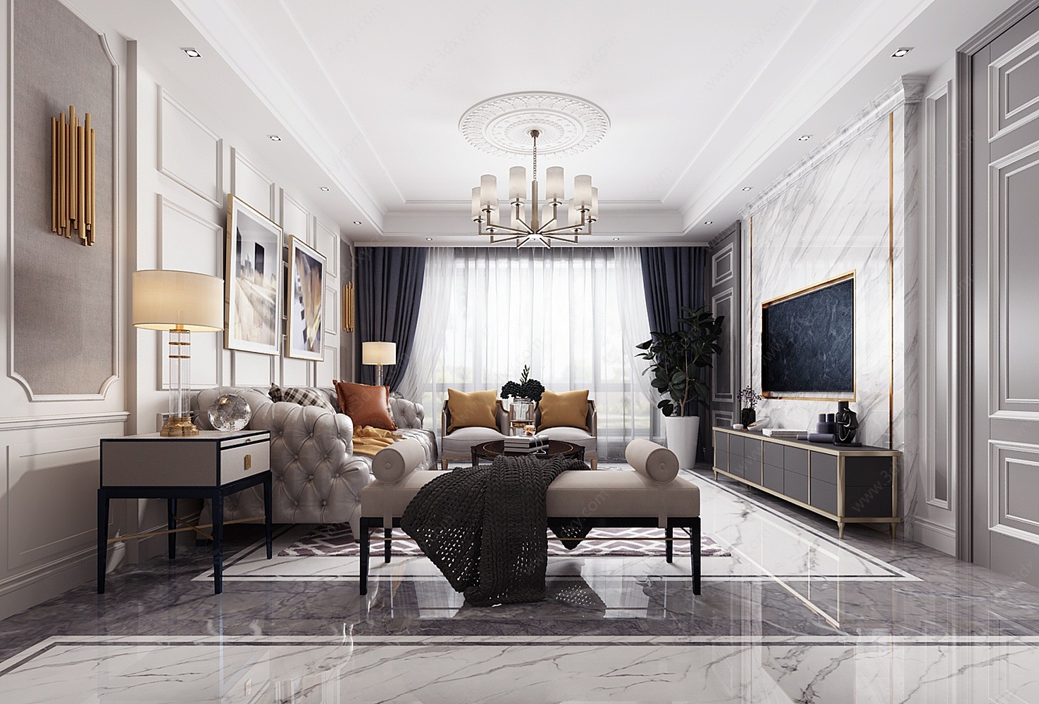 美式客厅美式沙发3D模型