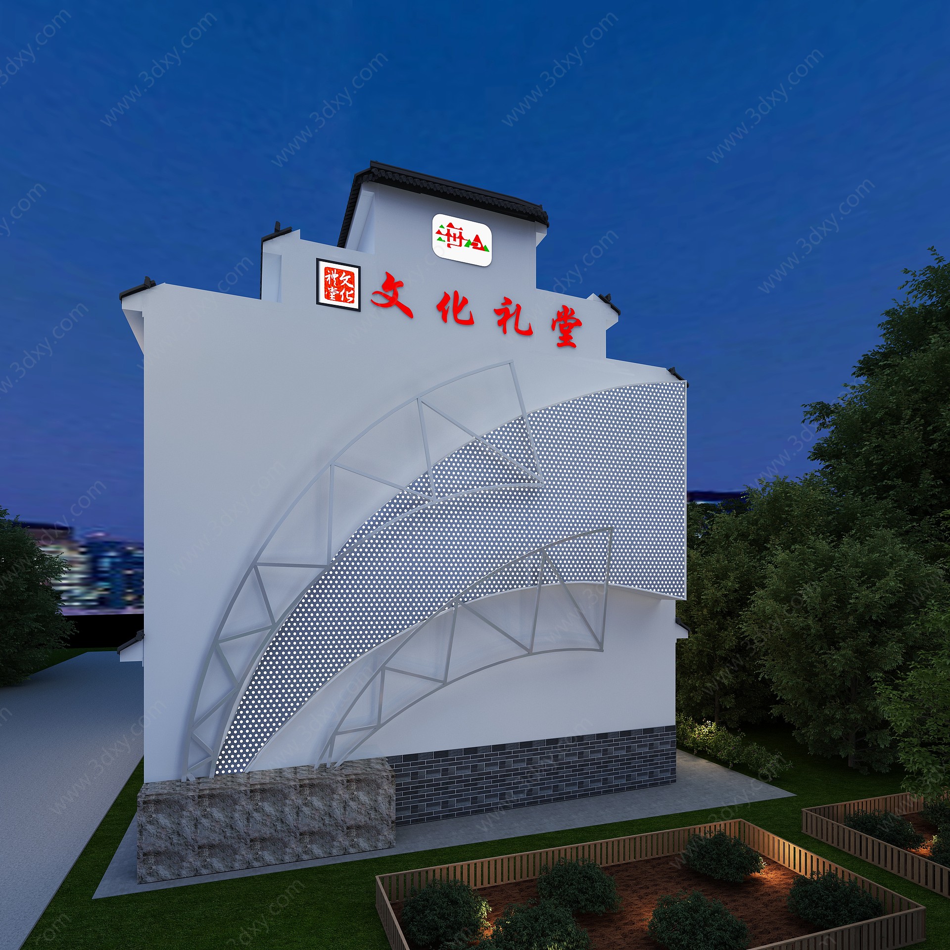 中式夜景文化礼堂3D模型