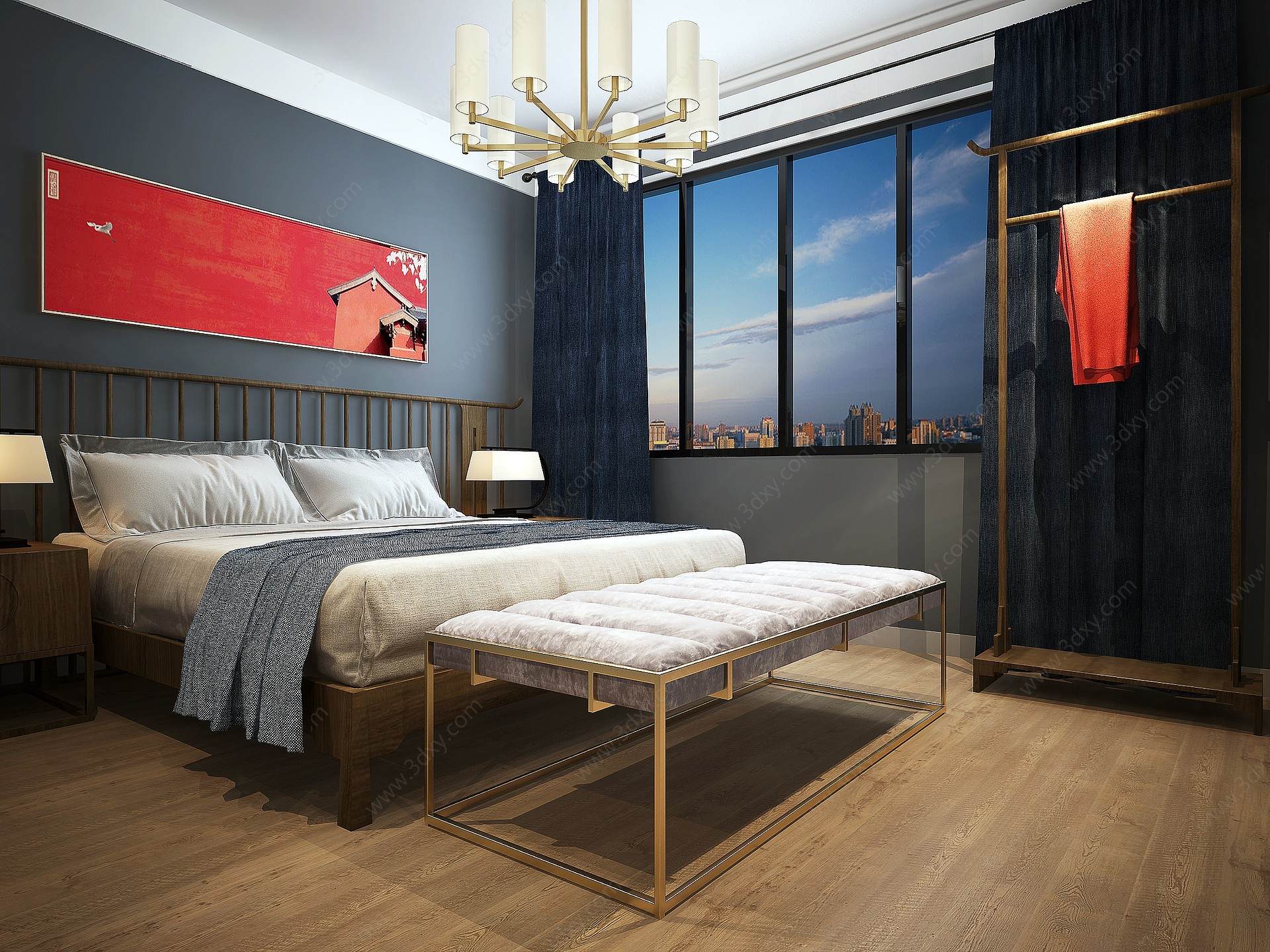 新中式卧室床榻衣架3D模型