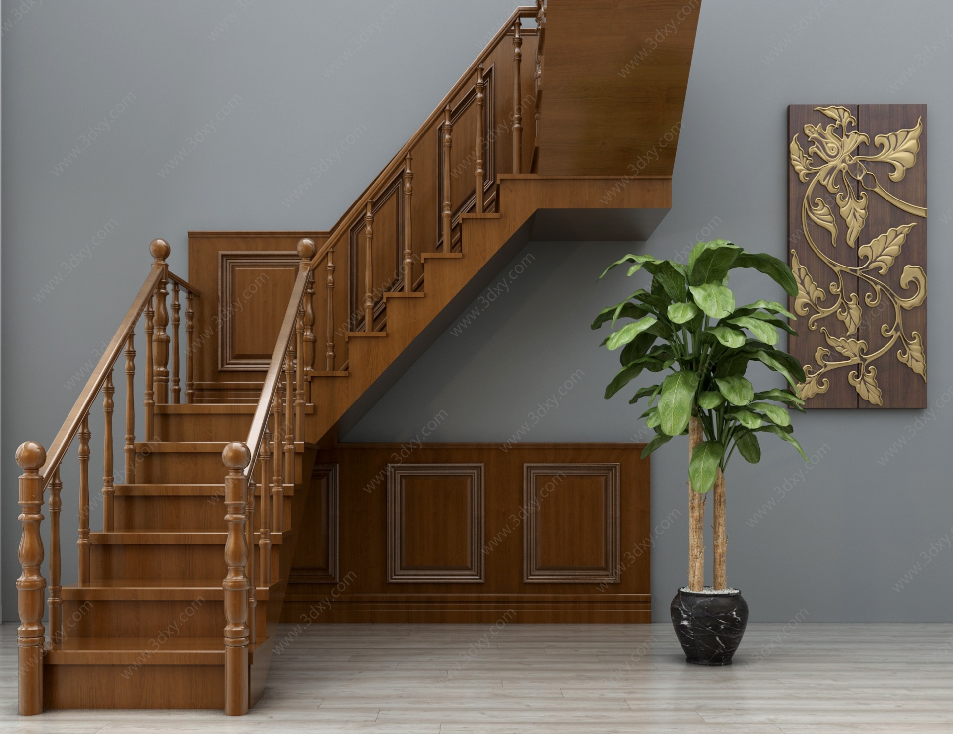 新中式楼梯扶手栏杆3D模型