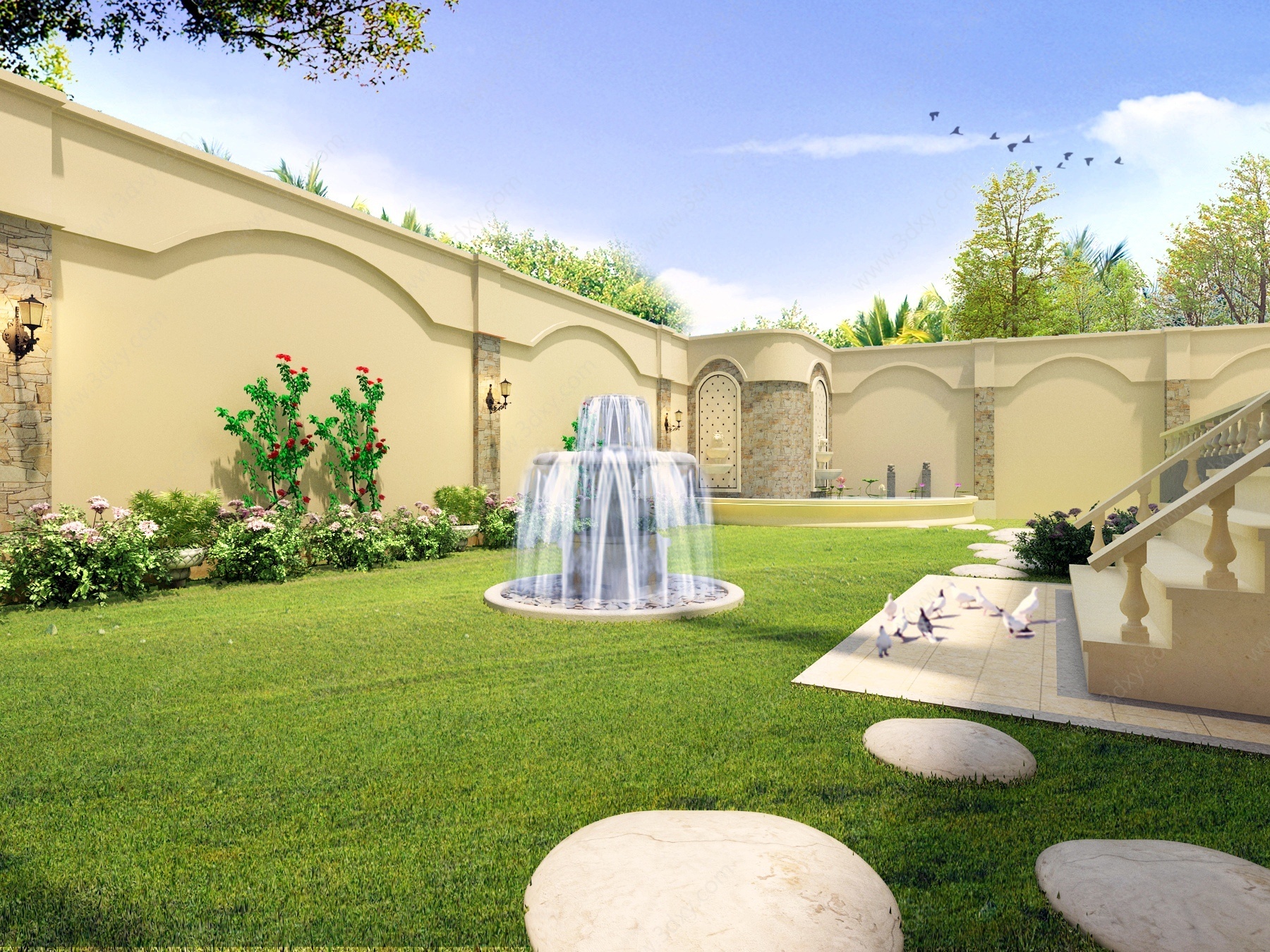 现代庭院景观别墅喷泉3D模型