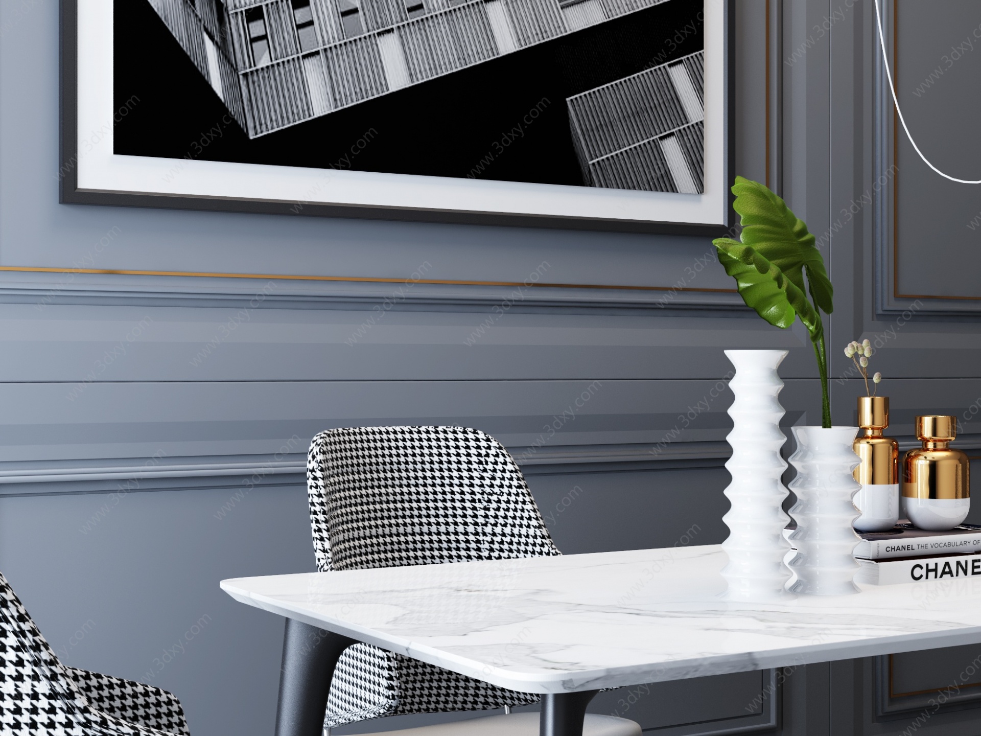 现代轻奢餐桌椅吊灯挂画3D模型