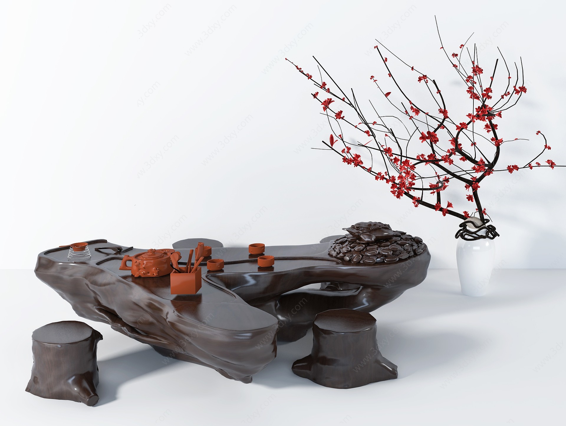 新中式茶桌绿植干支组合3D模型