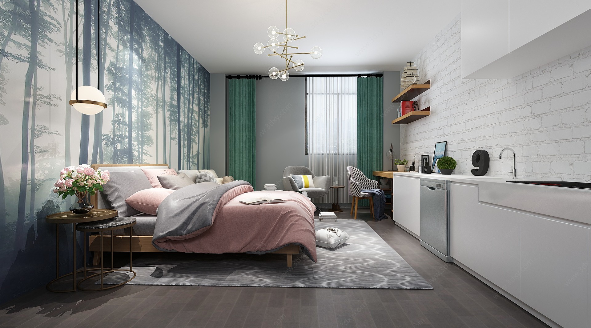 现代单身公寓房间3D模型