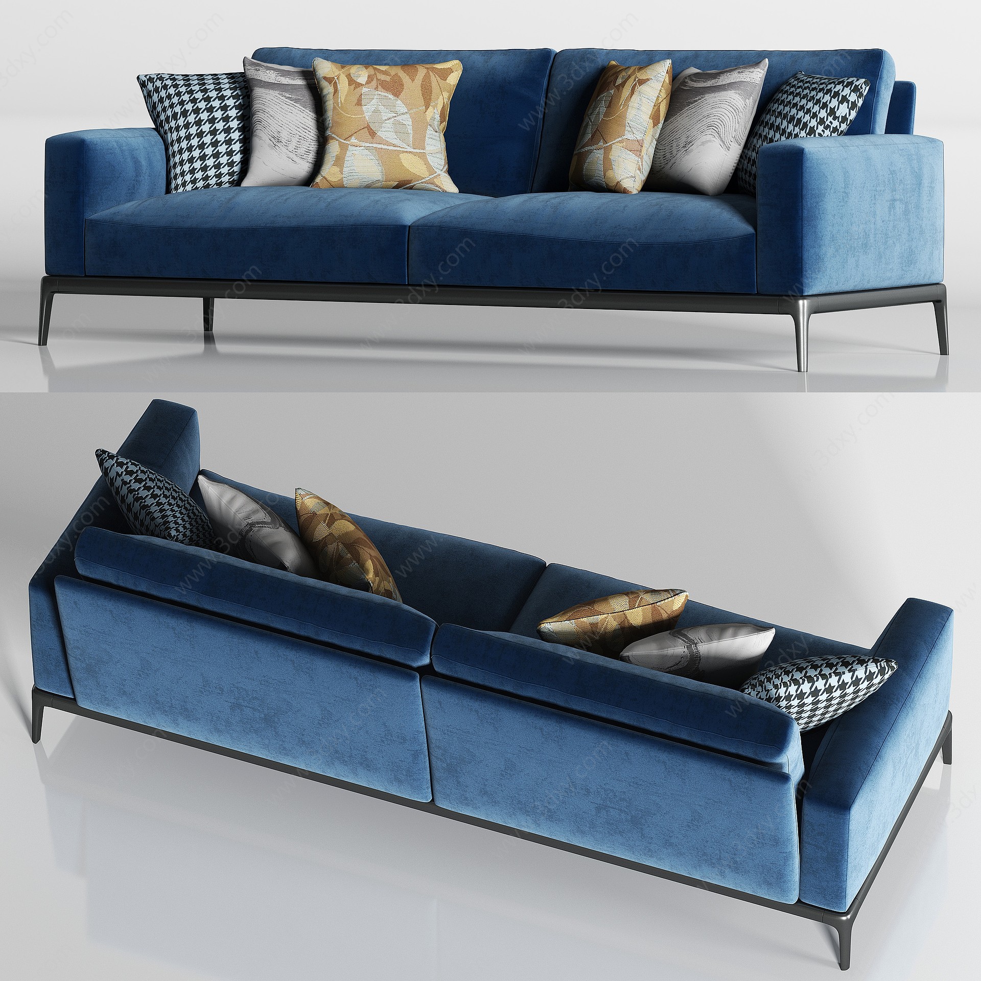 现代蓝色绒布双人沙发枕头3D模型