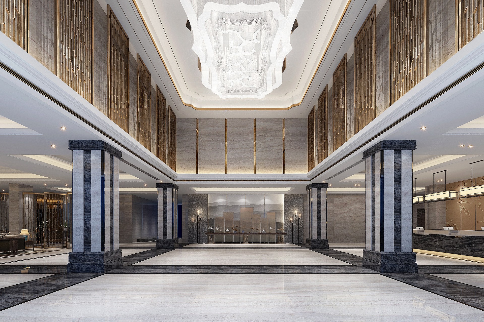 新中式酒店大厅休息区前台3D模型