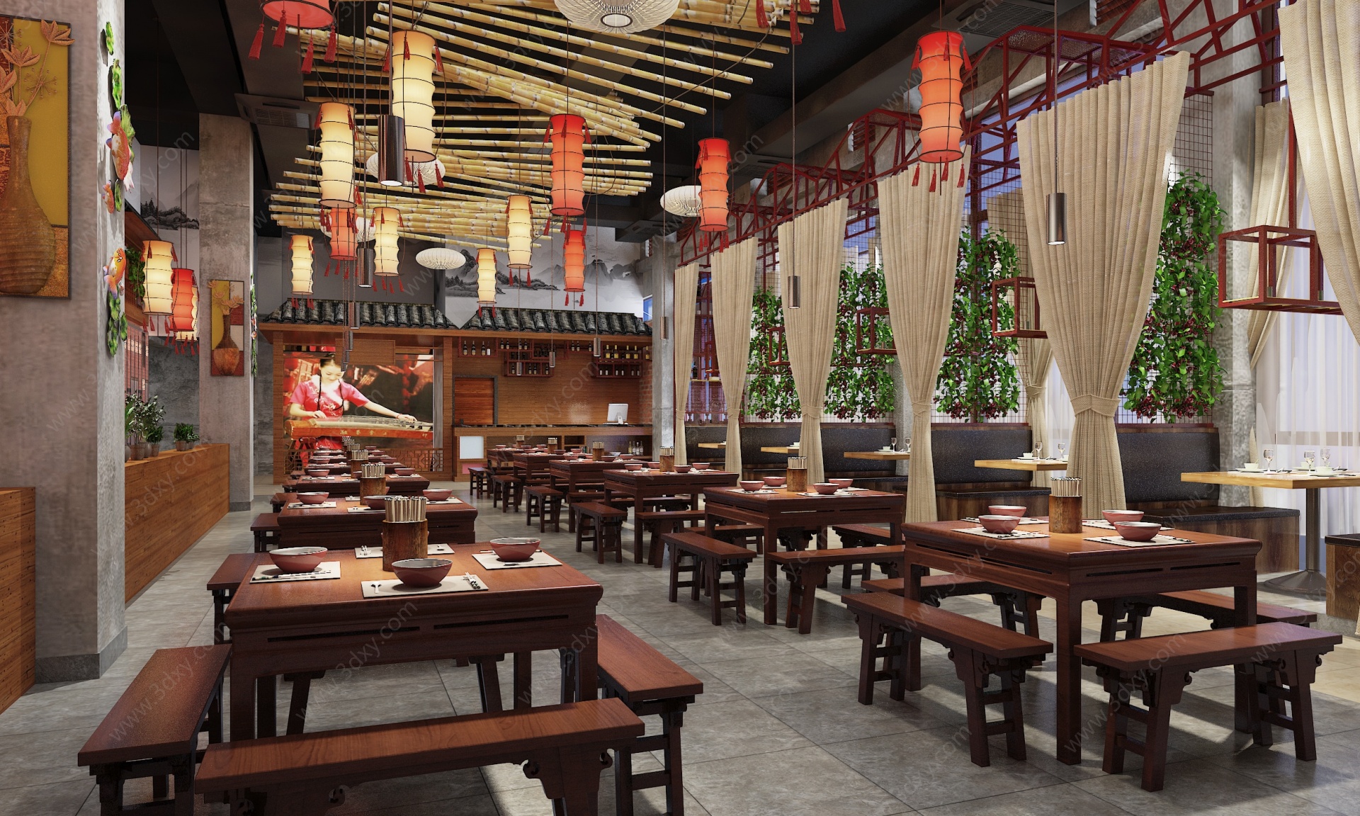 中式复古餐厅3D模型